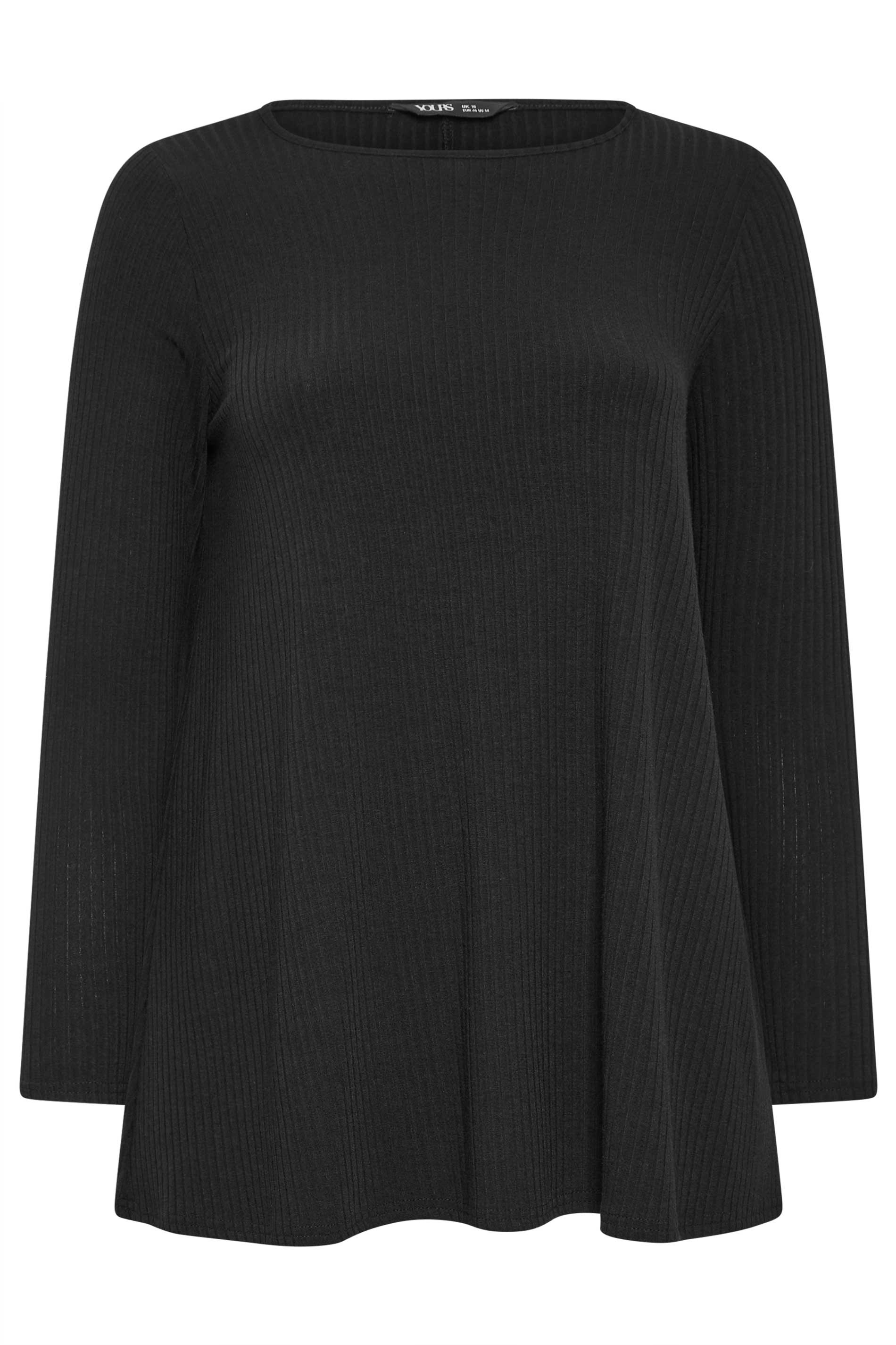 YOURS Plus Size Black Long Sleeve Ribbed Swing Top | Yours Clothing