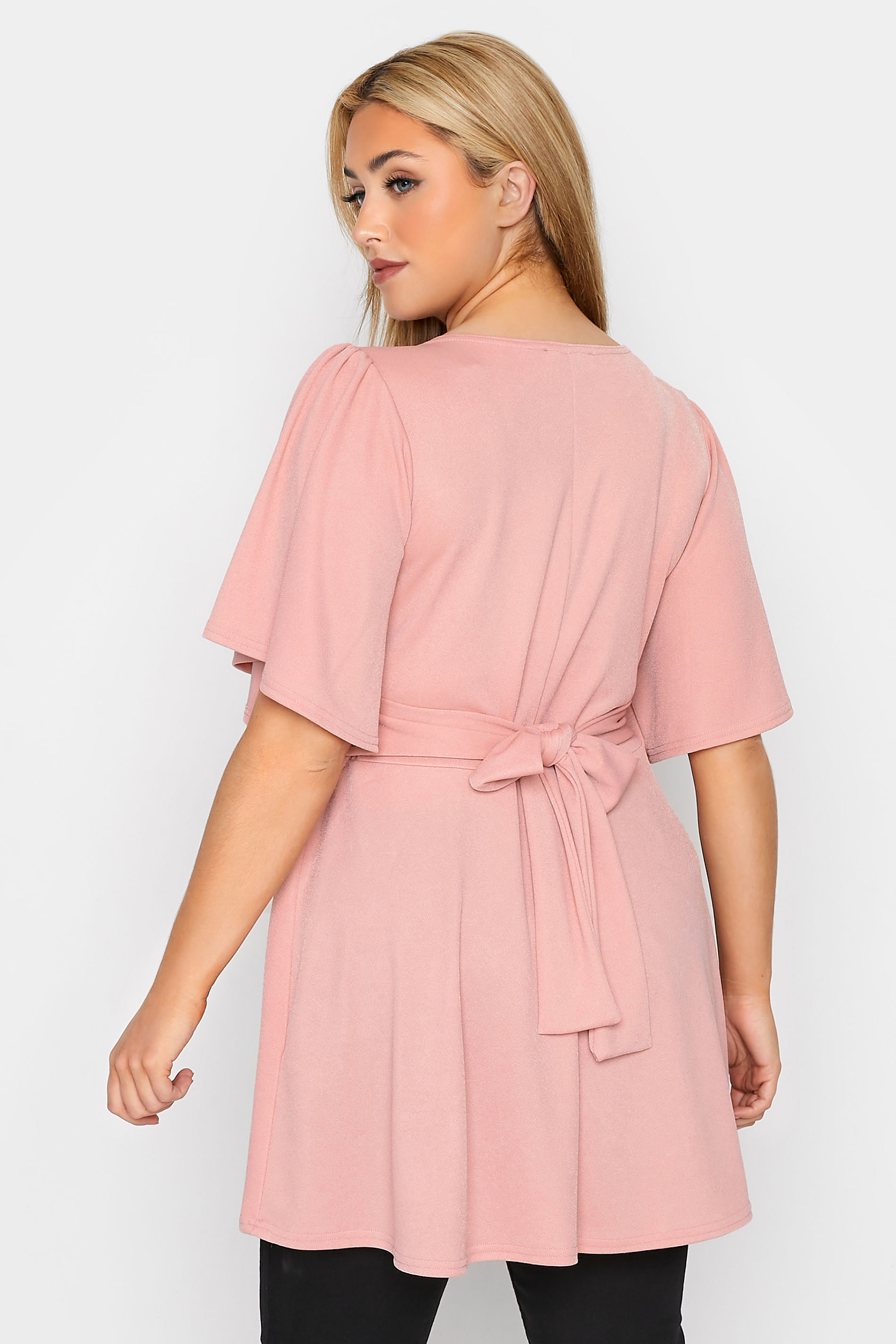 YOURS LONDON Plus Size Pink Angel Sleeve Knot Front Top | Yours Clothing 3