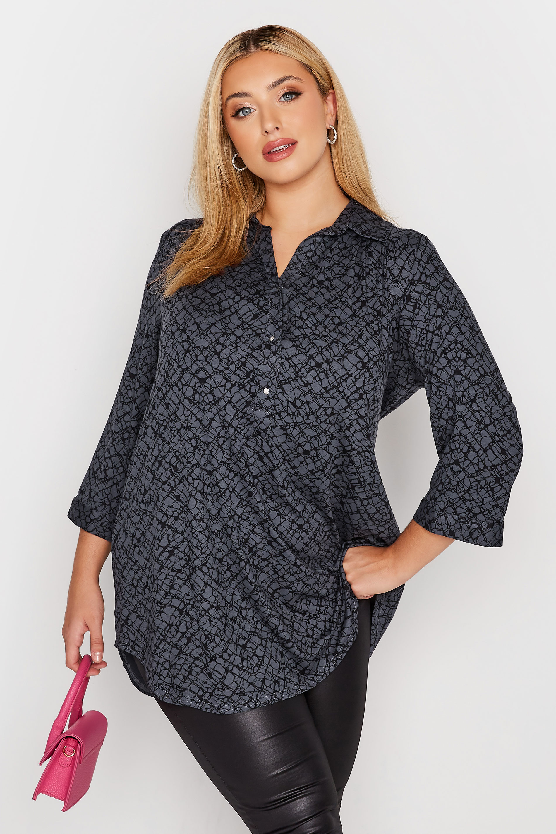 Curve Charcoal Grey & Black Half Placket Abstract Pattern Shirt | Yours Clothing  1