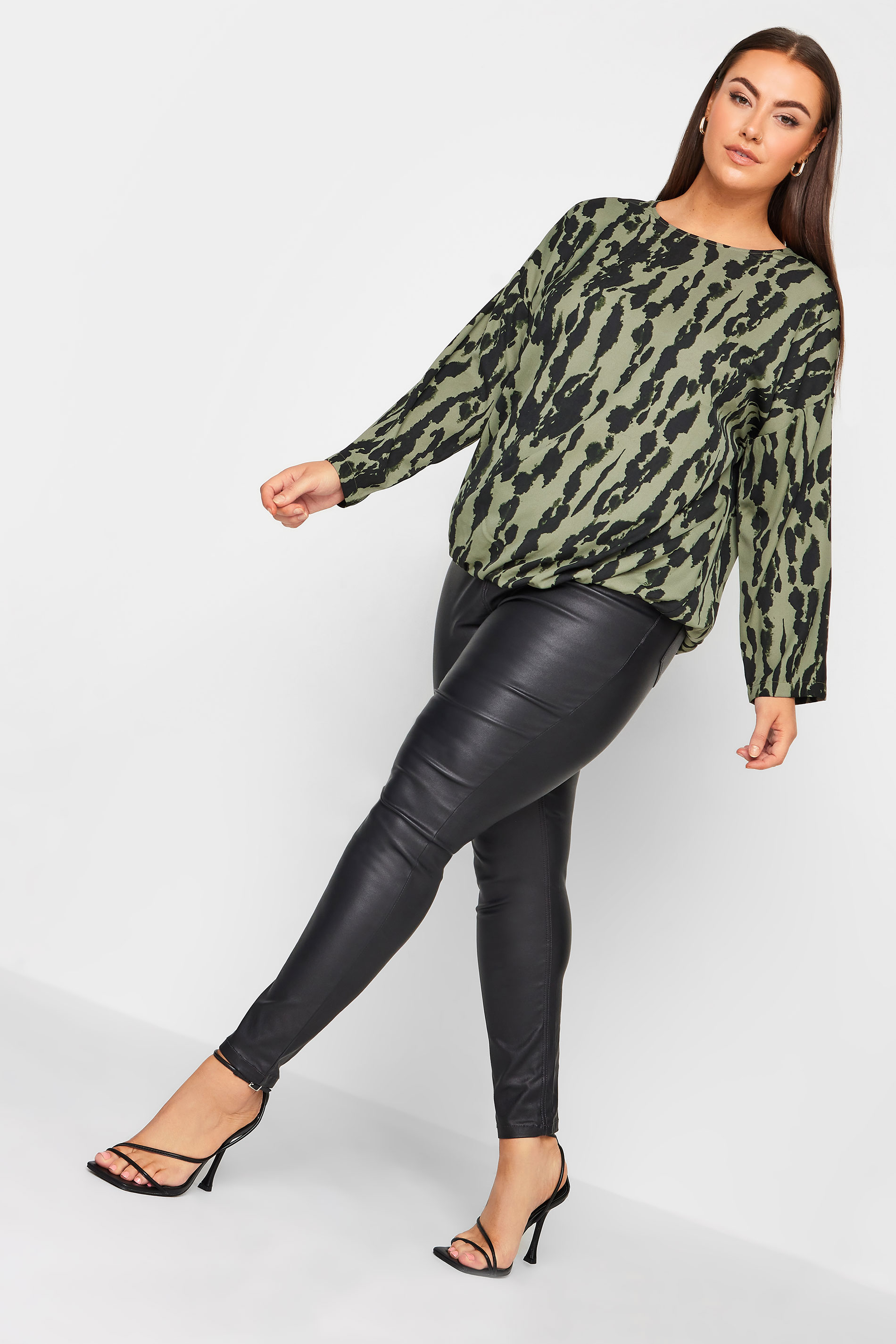 YOURS Curve Khaki Green Abstract Print Bubble Hem Top | Yours Clothing 2