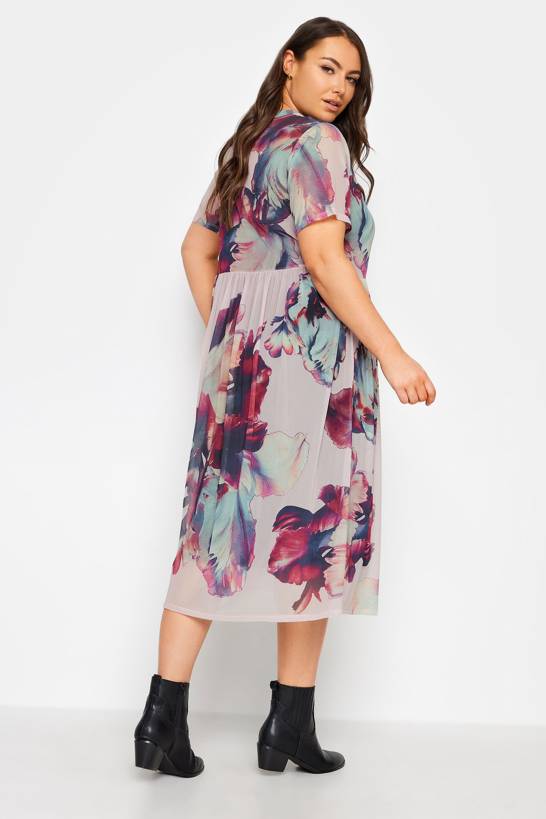 YOURS Plus Size Pink Abstract Floral Print Mesh Smock Dress | Yours Clothing 3