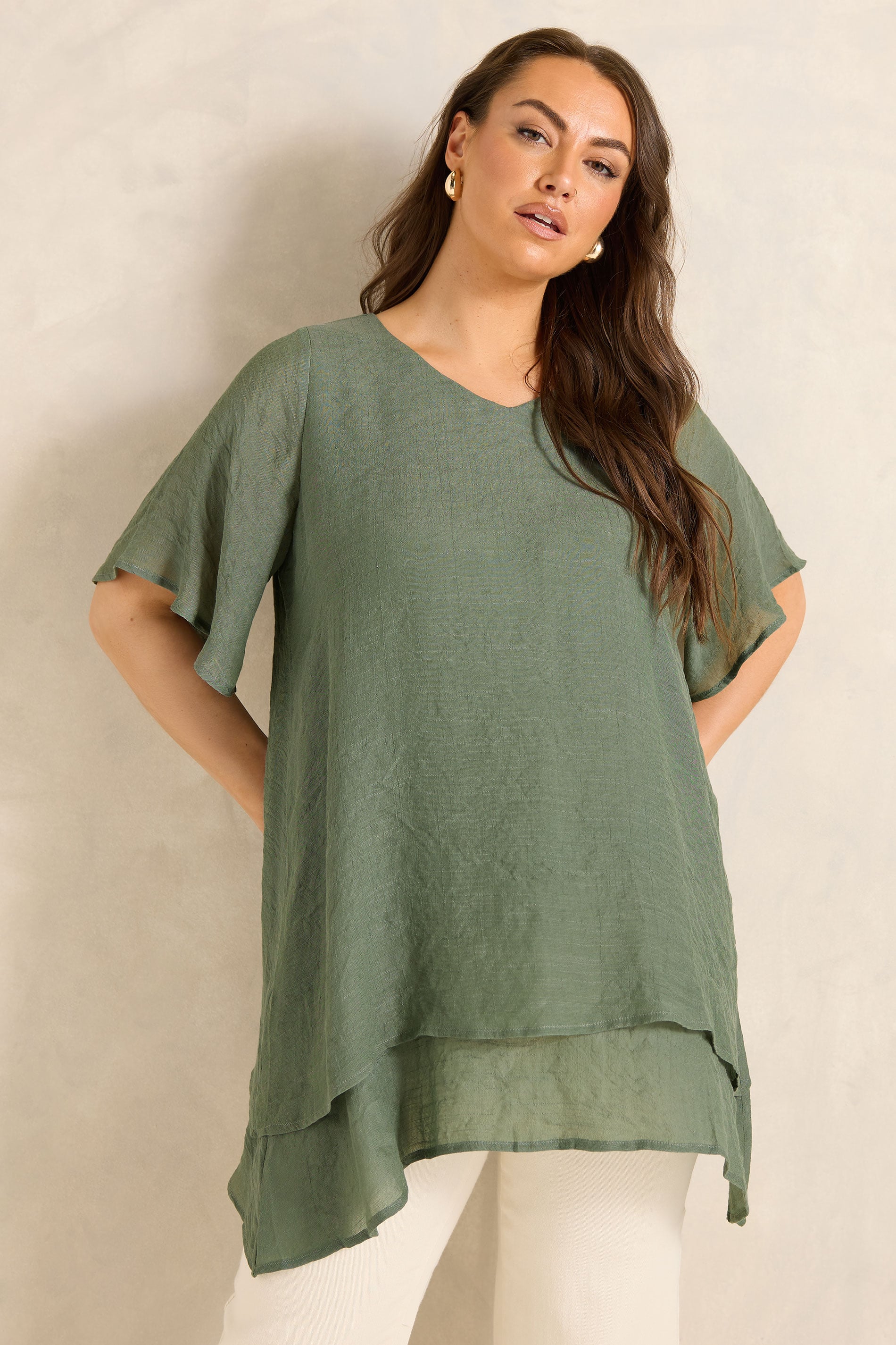 EVANS Plus Size Khaki Green Double Layer Top | Evans 1