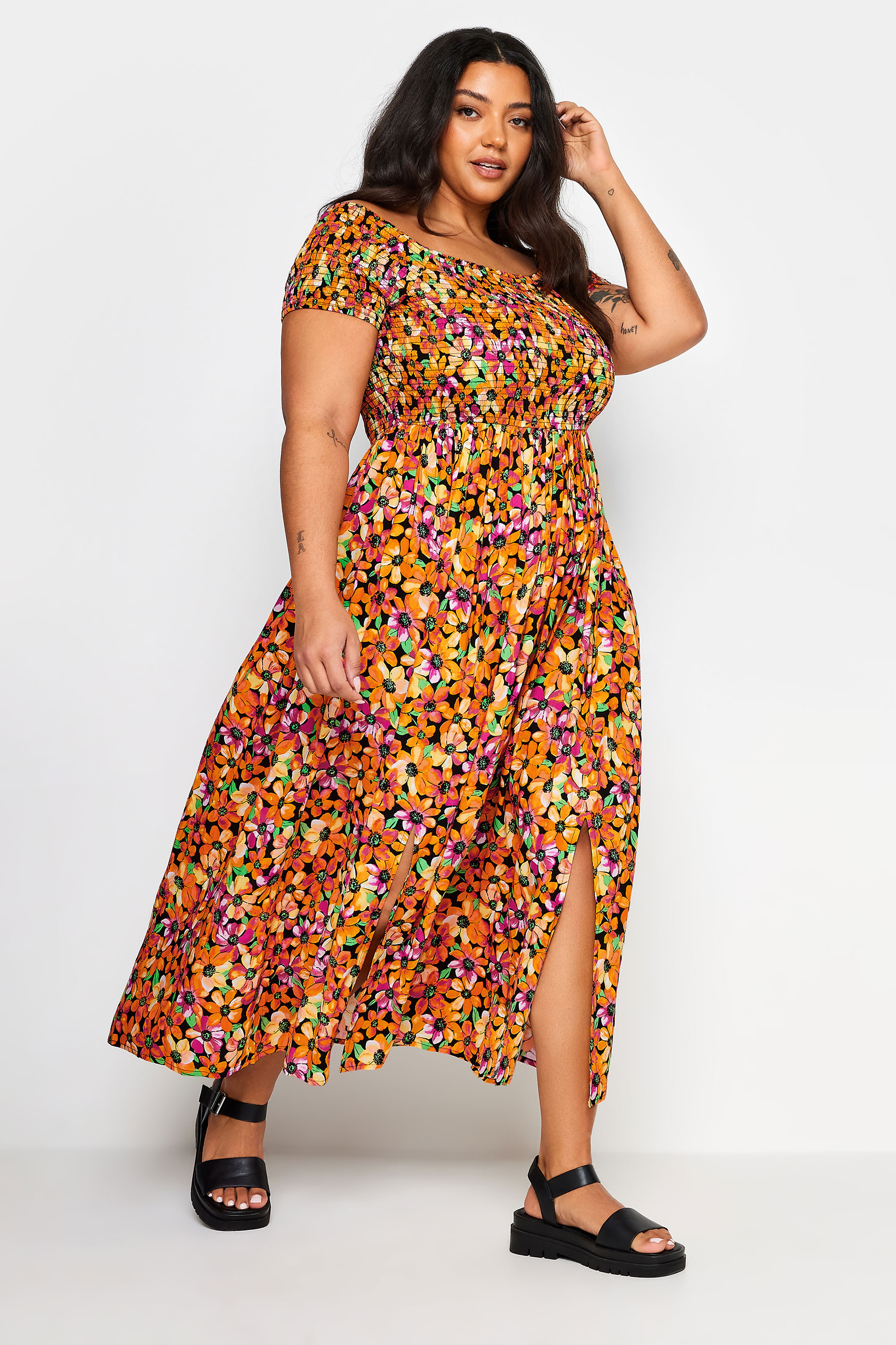 YOURS Plus Size Orange Ditsy Floral Print Shirred Bardot Maxi Dress | Yours Clothing 3