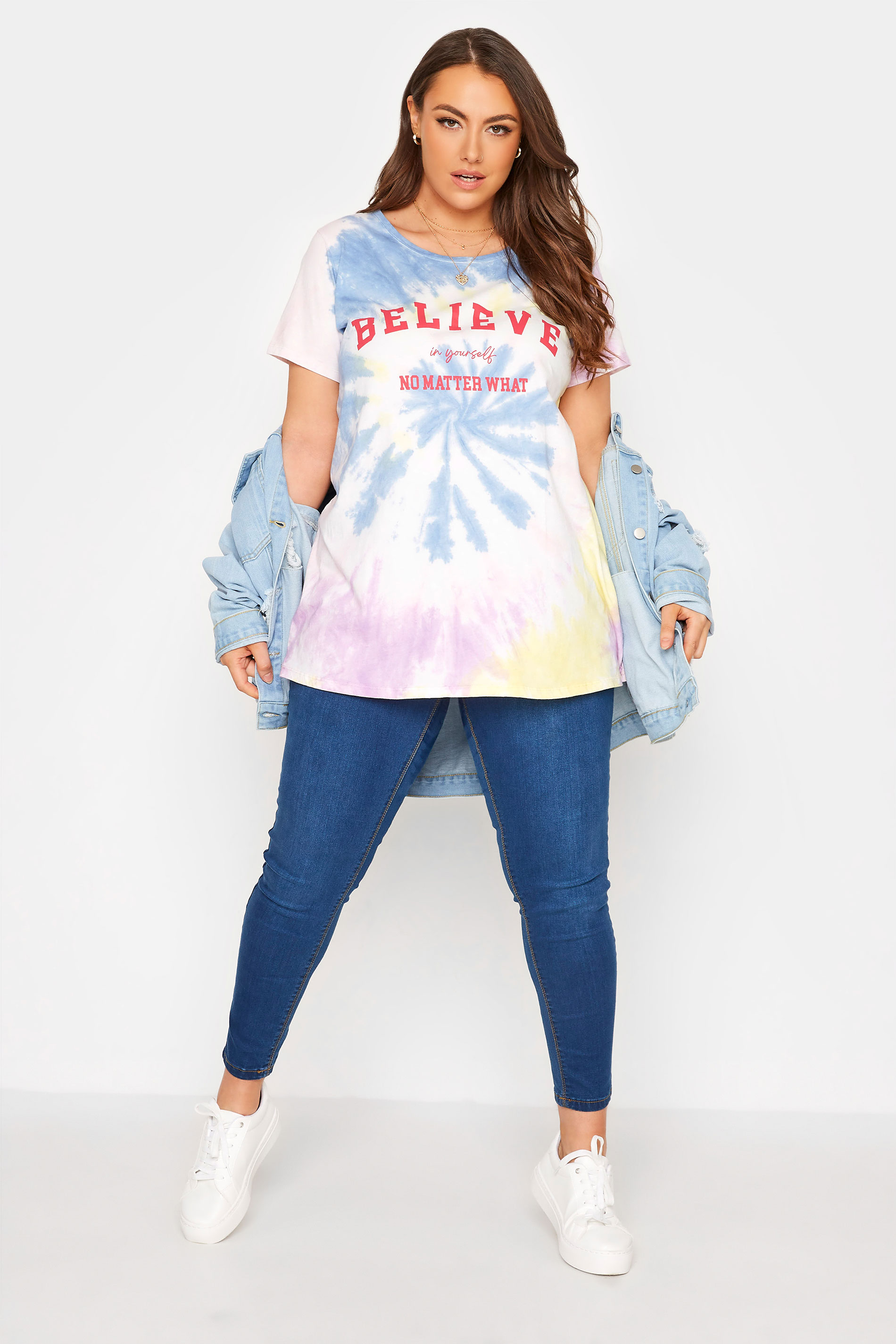 Grande taille  Tops Grande taille  Tops à Slogans | T-Shirt Blanc Tie & Dye 'Believe in Yourself' - VY48738