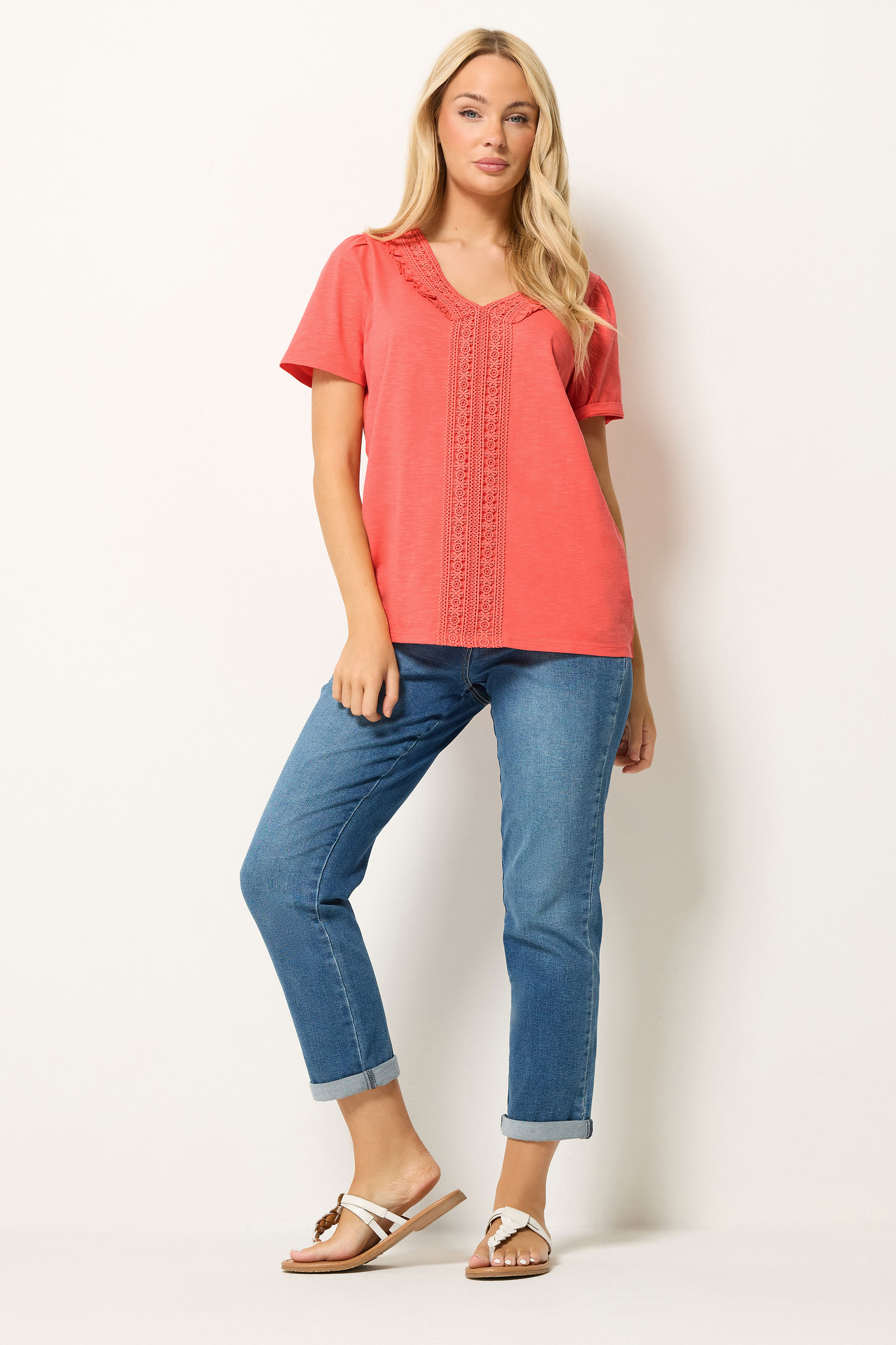 M&Co Coral Short Sleeve Frill Cotton Blouse | M&Co 1