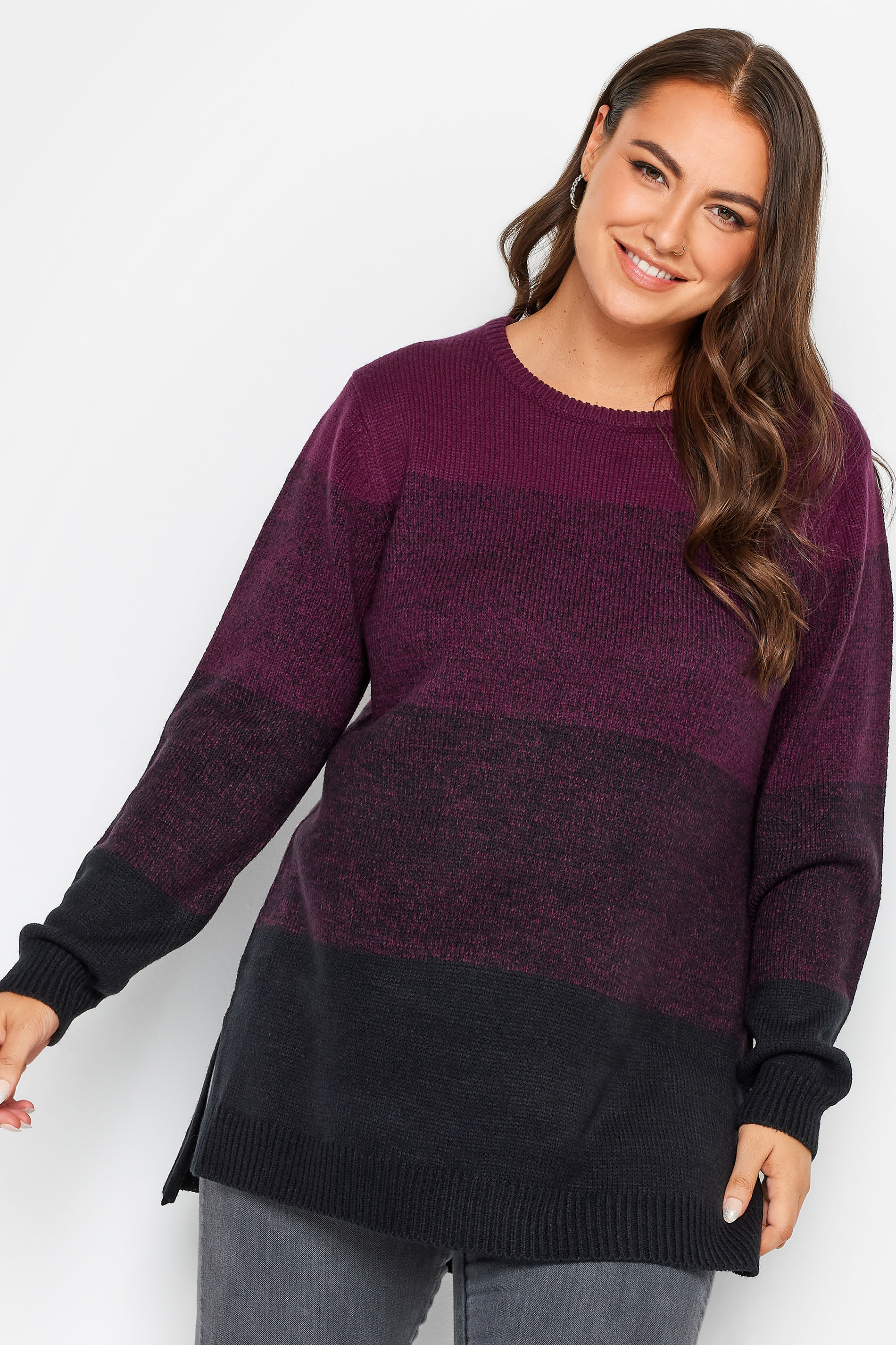 YOURS Plus Size Berry Red Colourblock Stripe Knitted Jumper | Yours Clothing 1