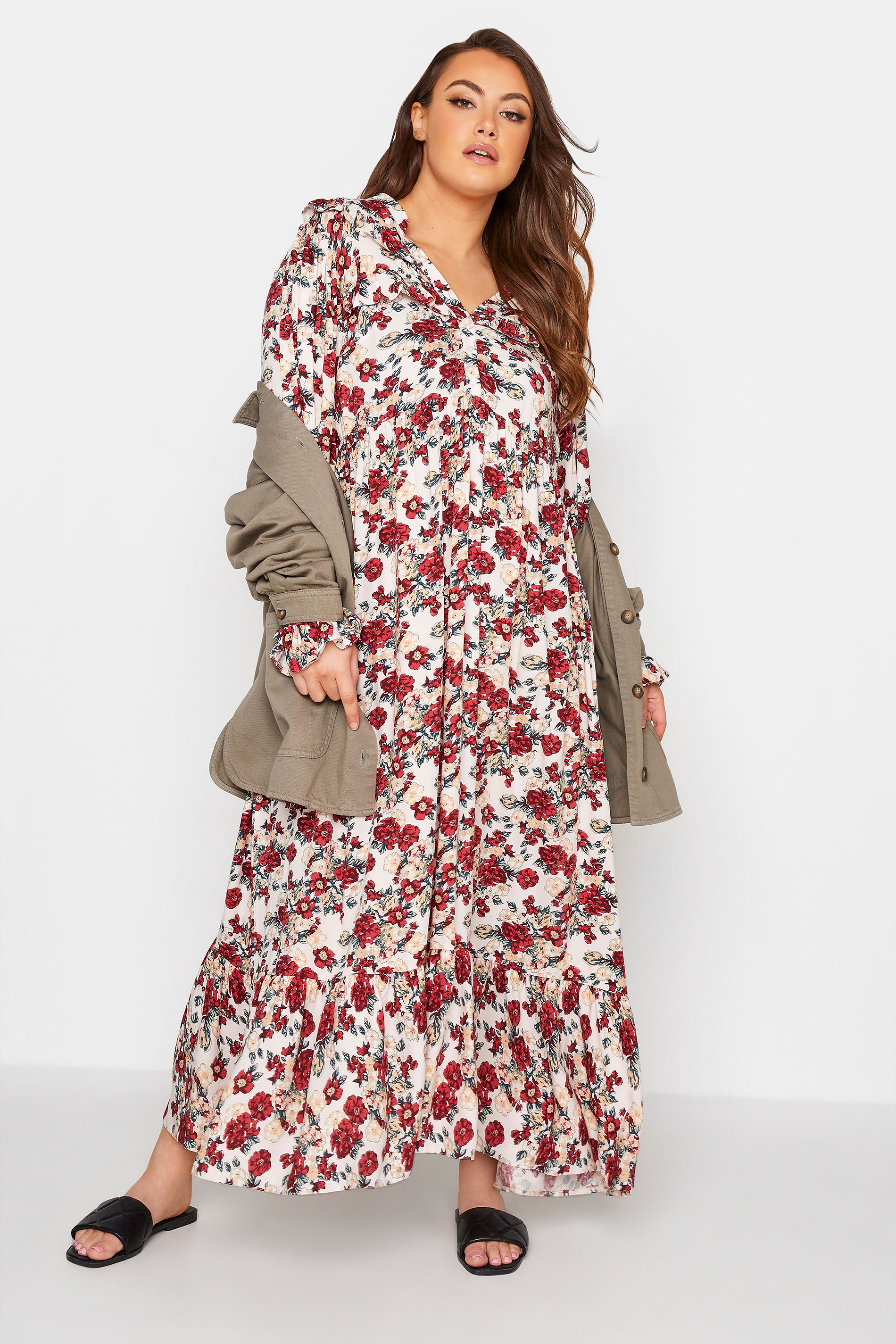 Robes Grande Taille Grande taille  Robes Longues | THE LIMITED EDIT - Robe Beige Manches Longues Floral Rouge - WY56393