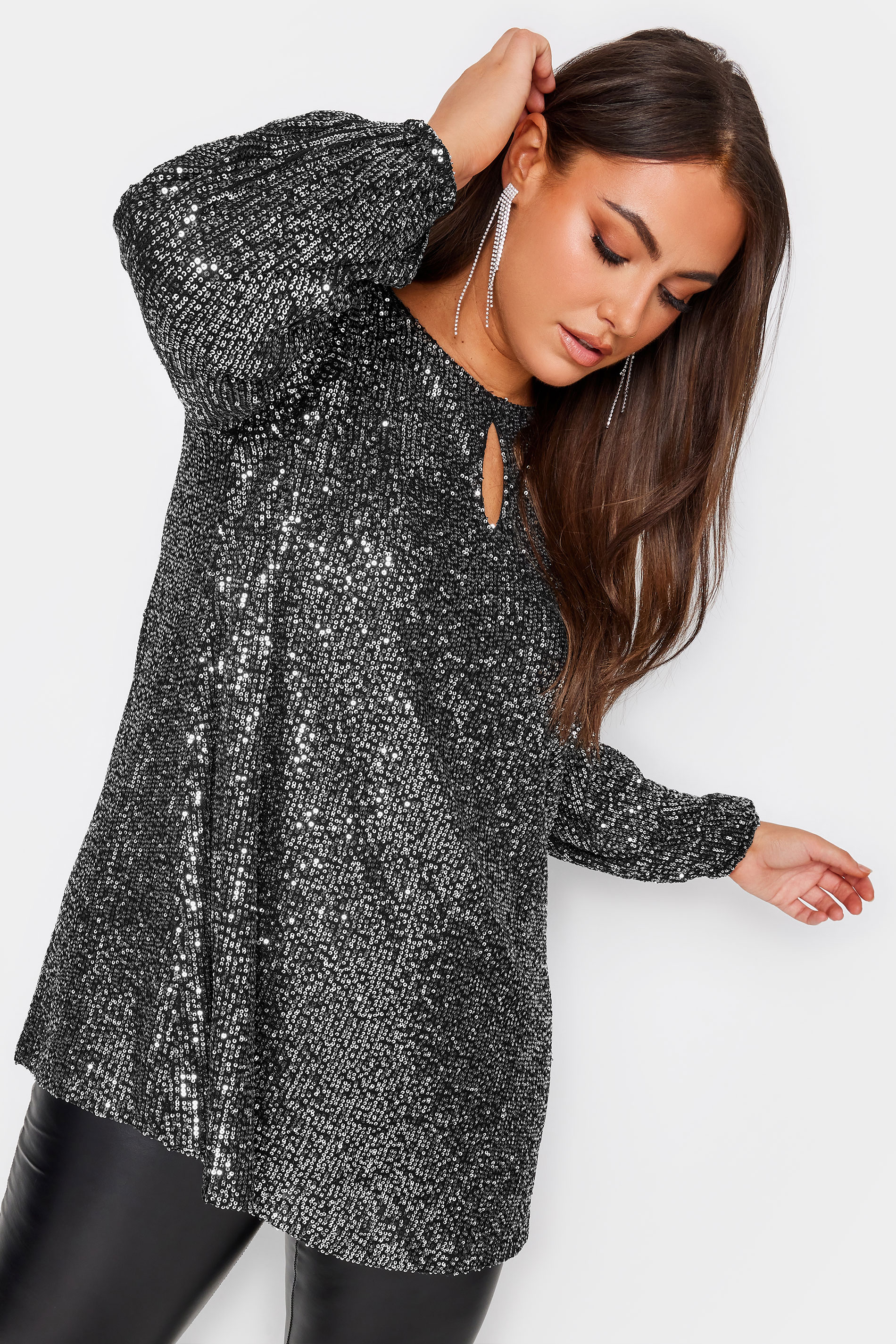 YOURS LONDON Plus Size Silver Sequin Keyhole Long Sleeve Top | Yours Clothing 1
