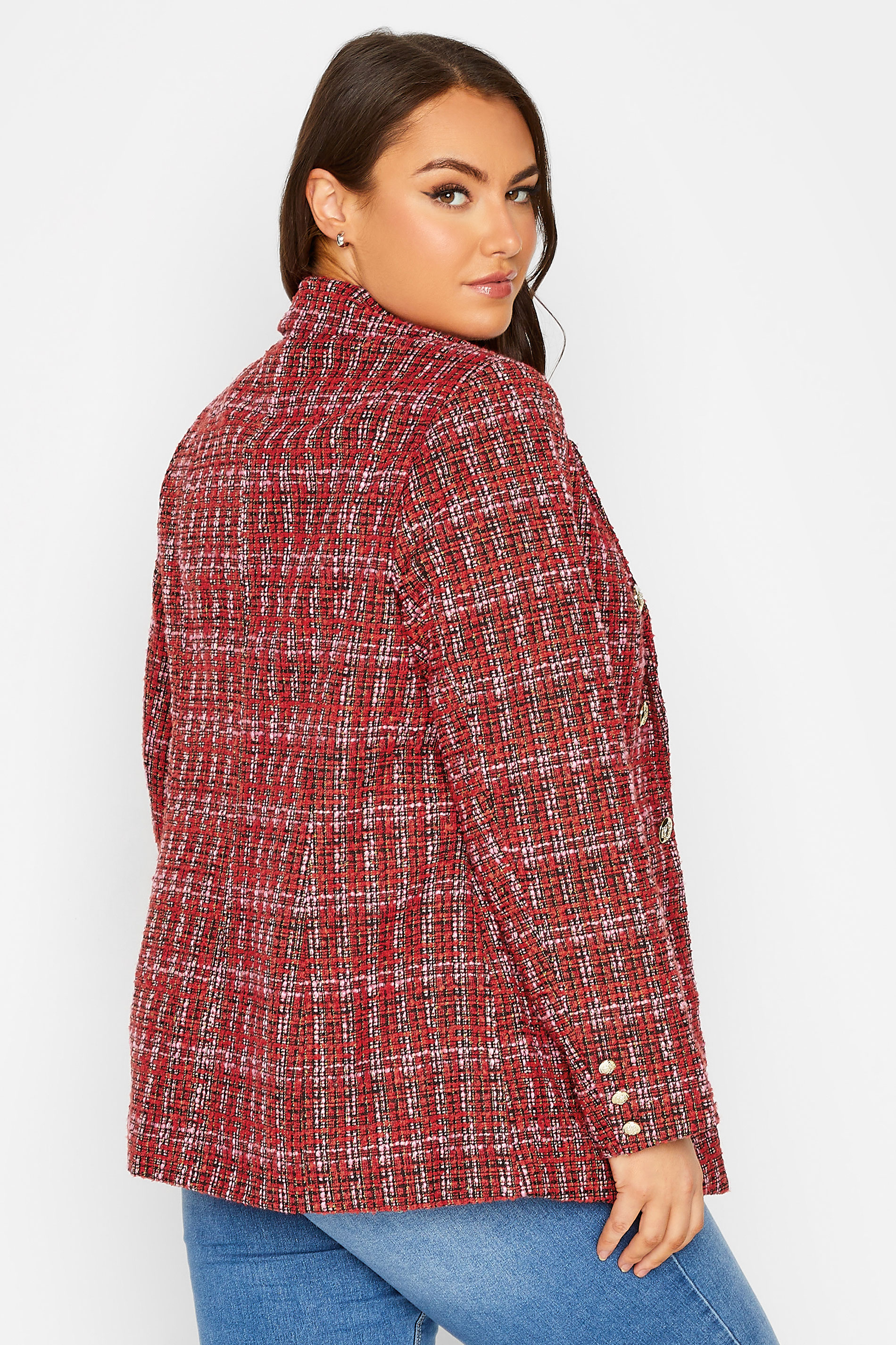 Plus Size Red Check Boucle Blazer | Yours Clothing 3