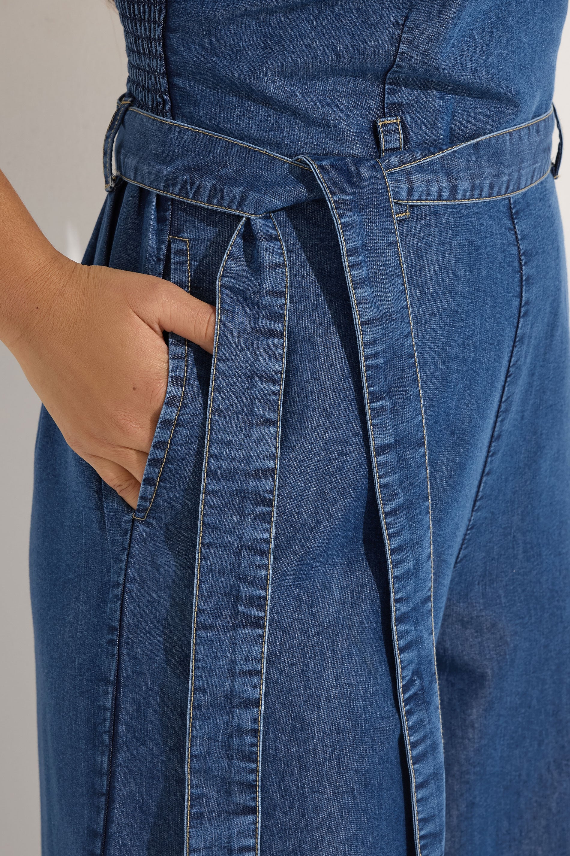 PixieGirl Petite Women's Blue Denim Wide Leg Jumpsuit | PixieGirl 5