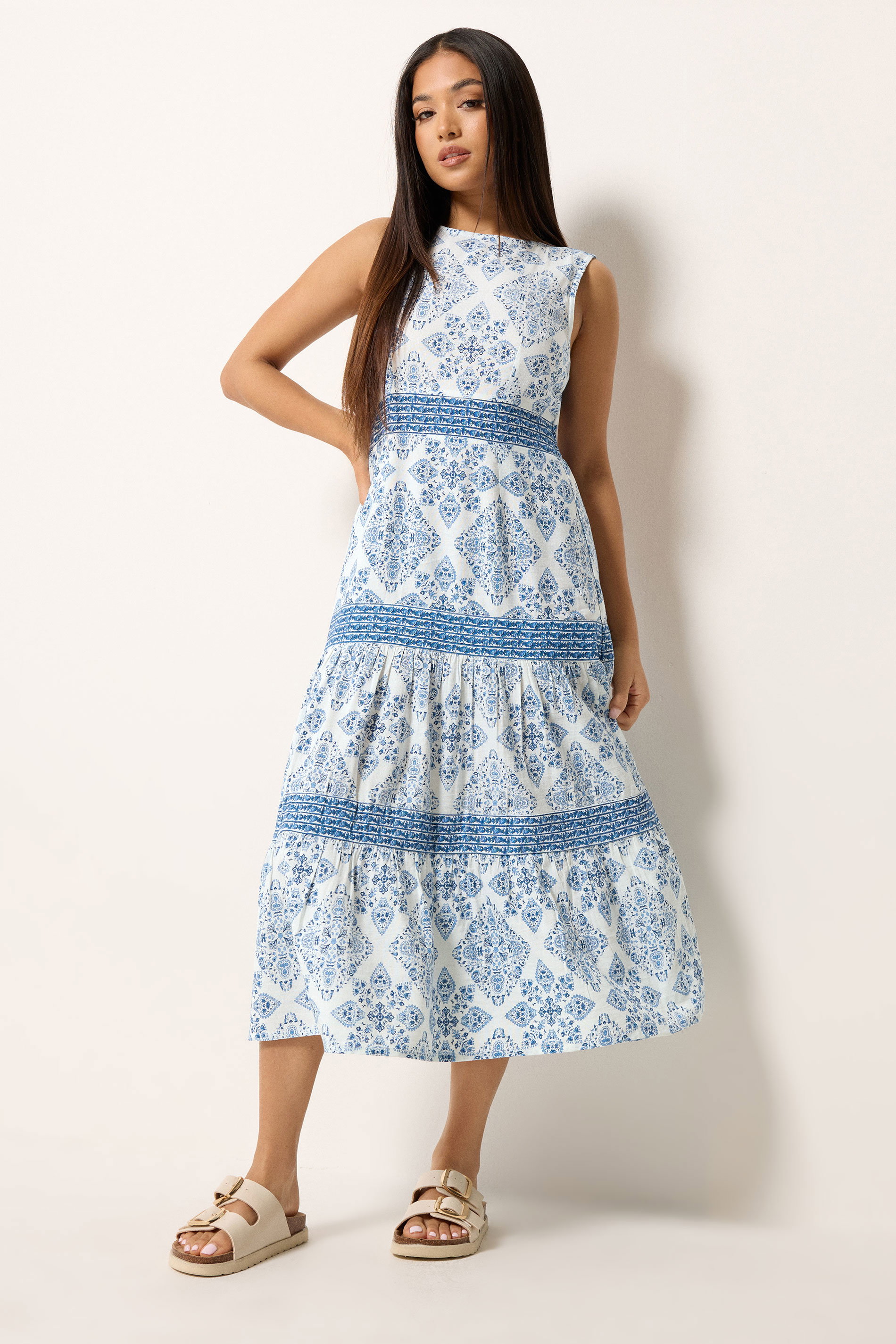 M&Co Petite Light Blue Tile Print Tiered Midi Dress | M&Co 3