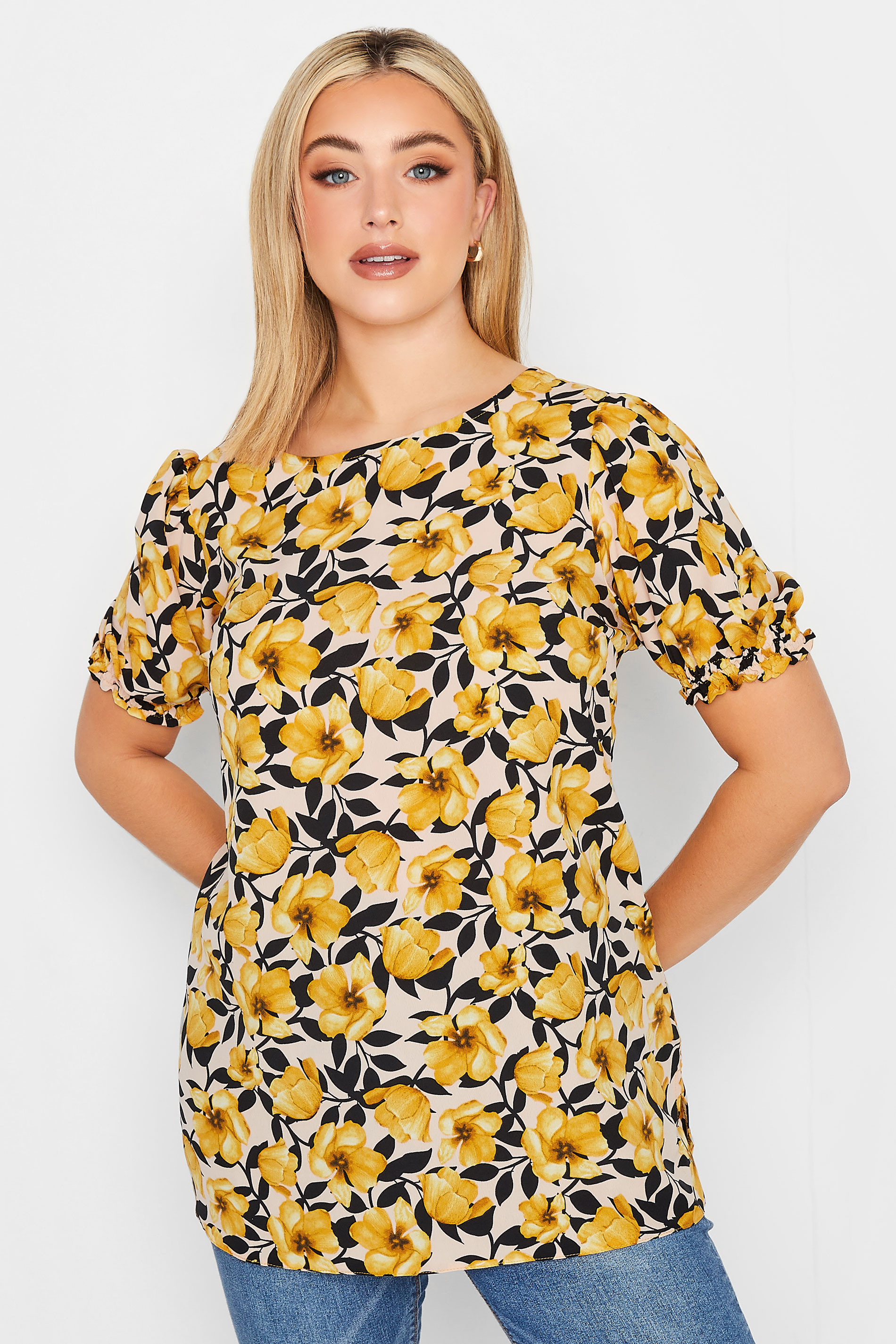 YOURS Curve Plus Size Yellow Floral Short Sleeve Blouse | Yours Clothing