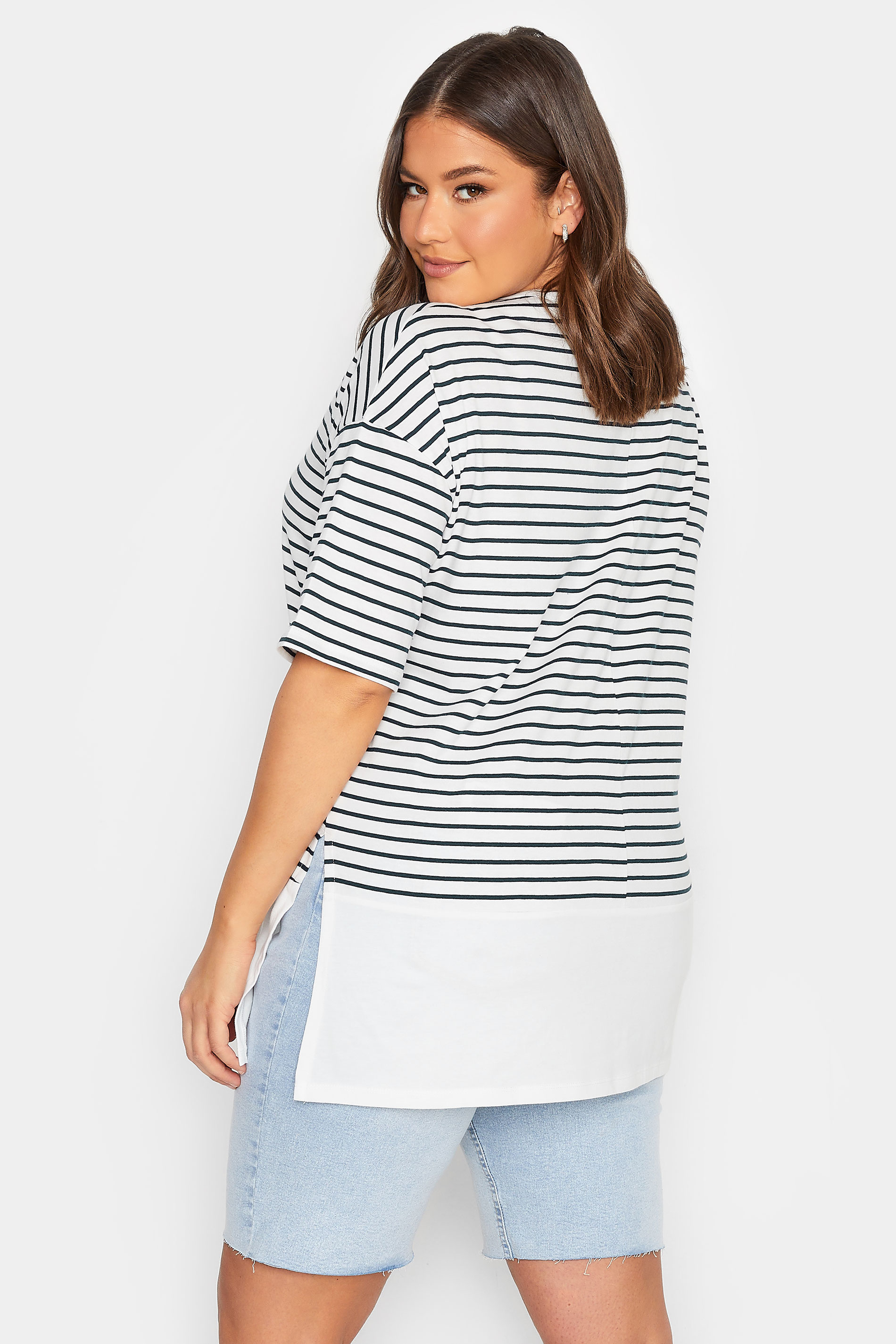 YOURS Plus Size White & Navy Blue Stripe Drop Sleeve Top | Yours Clothing 3