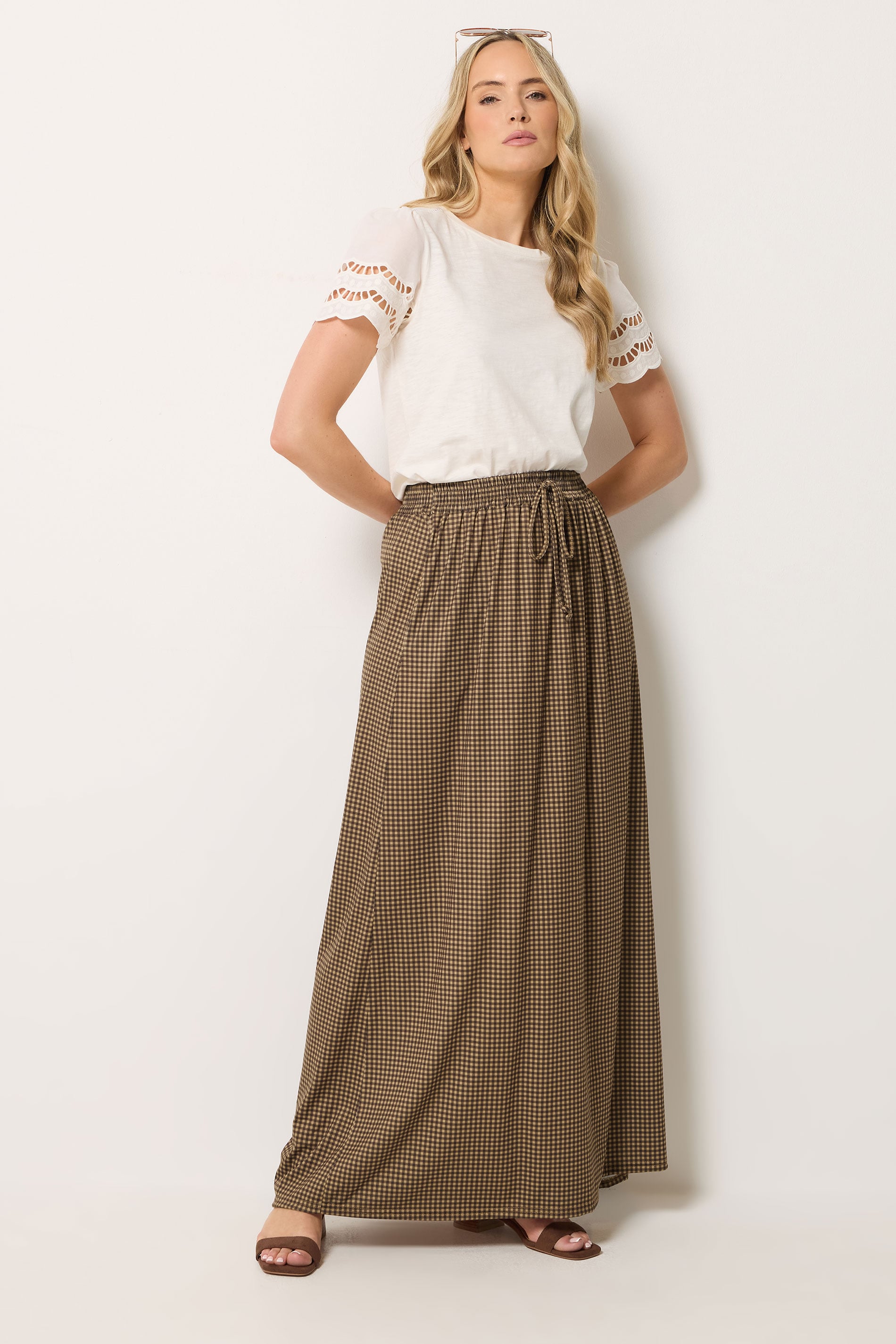 LTS Tall Women's Chocolate Brown Gingham Shirred Maxi Skirt | Long Tall Sally 3