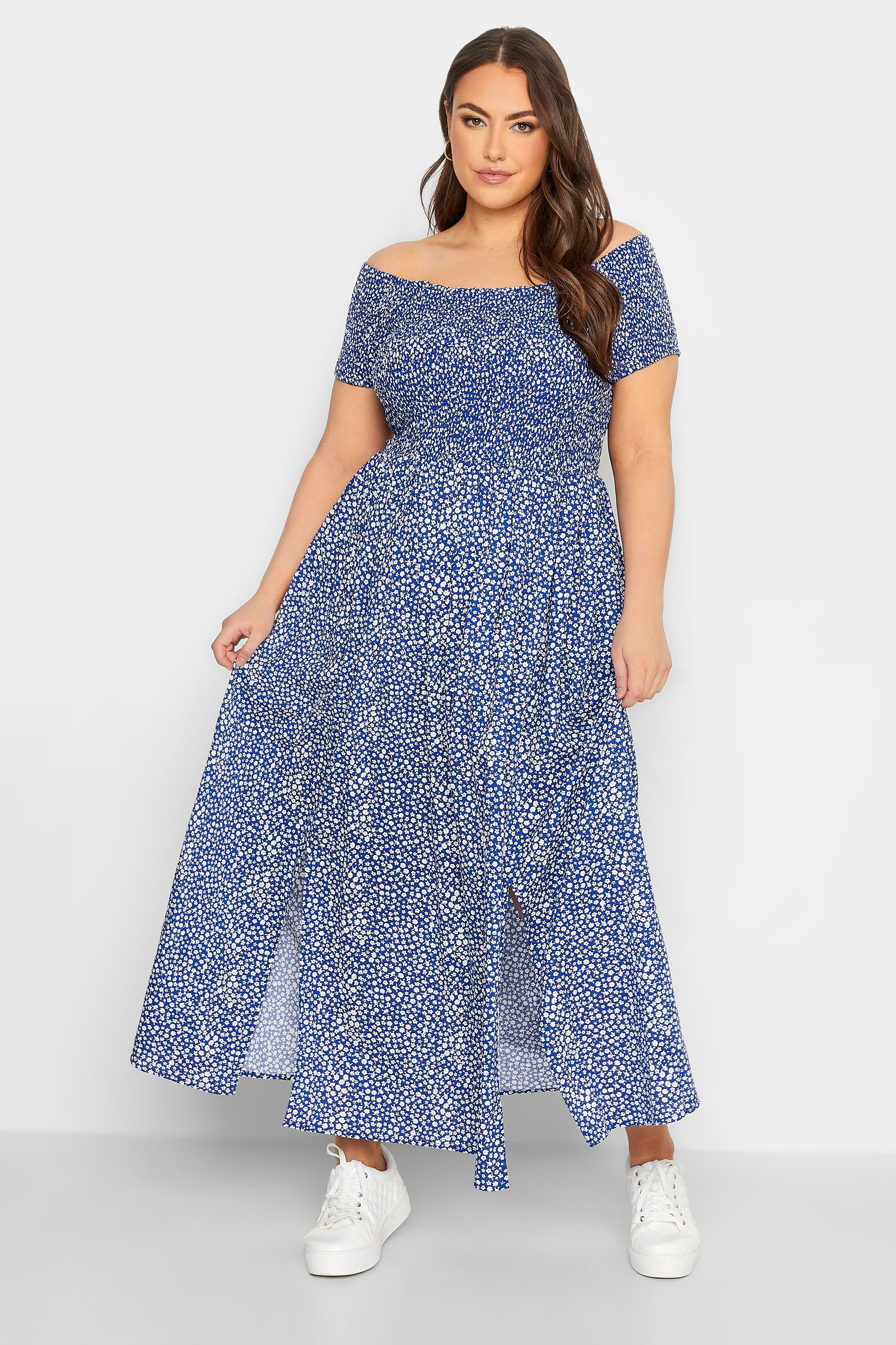 YOURS Plus Size  Cobalt Blue Ditsy Print Shirred Bardot Maxi Dress | Yours Clothing 1