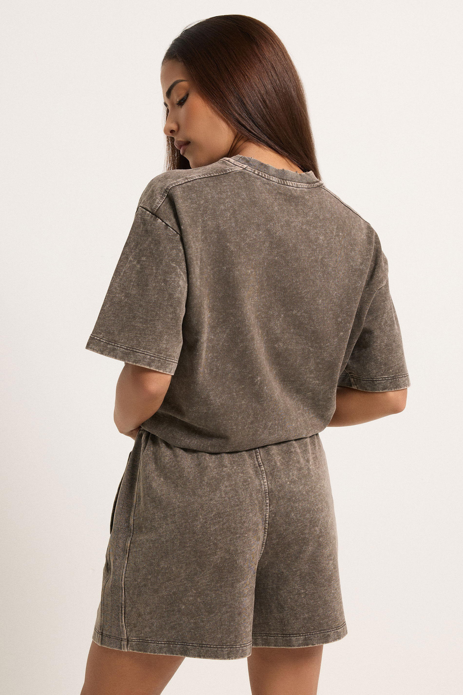 PixieGirl Petite Women's Set Chocolate Brown Acid Wash Cotton T-Shirt & Shorts | PixieGirl 4