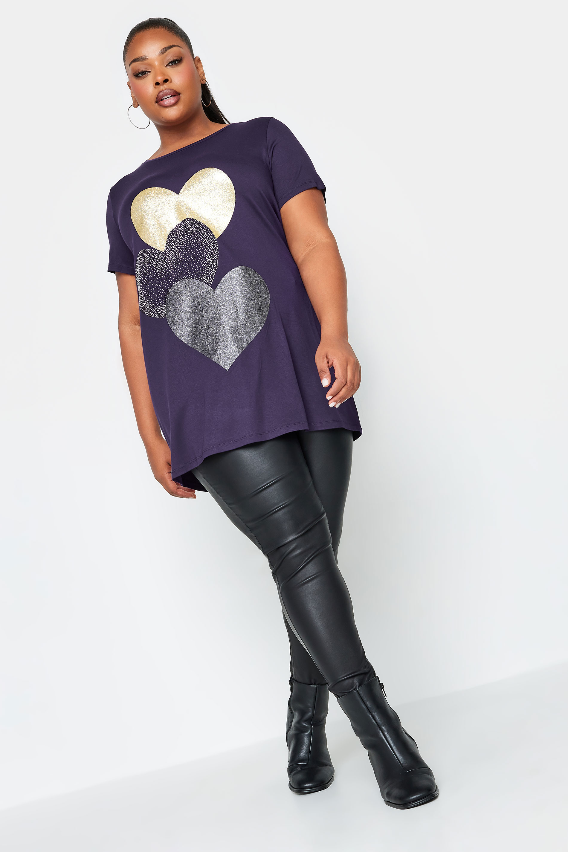 YOURS Plus Size Purple Glitter Heart Print T-Shirt | Yours Clothing  2