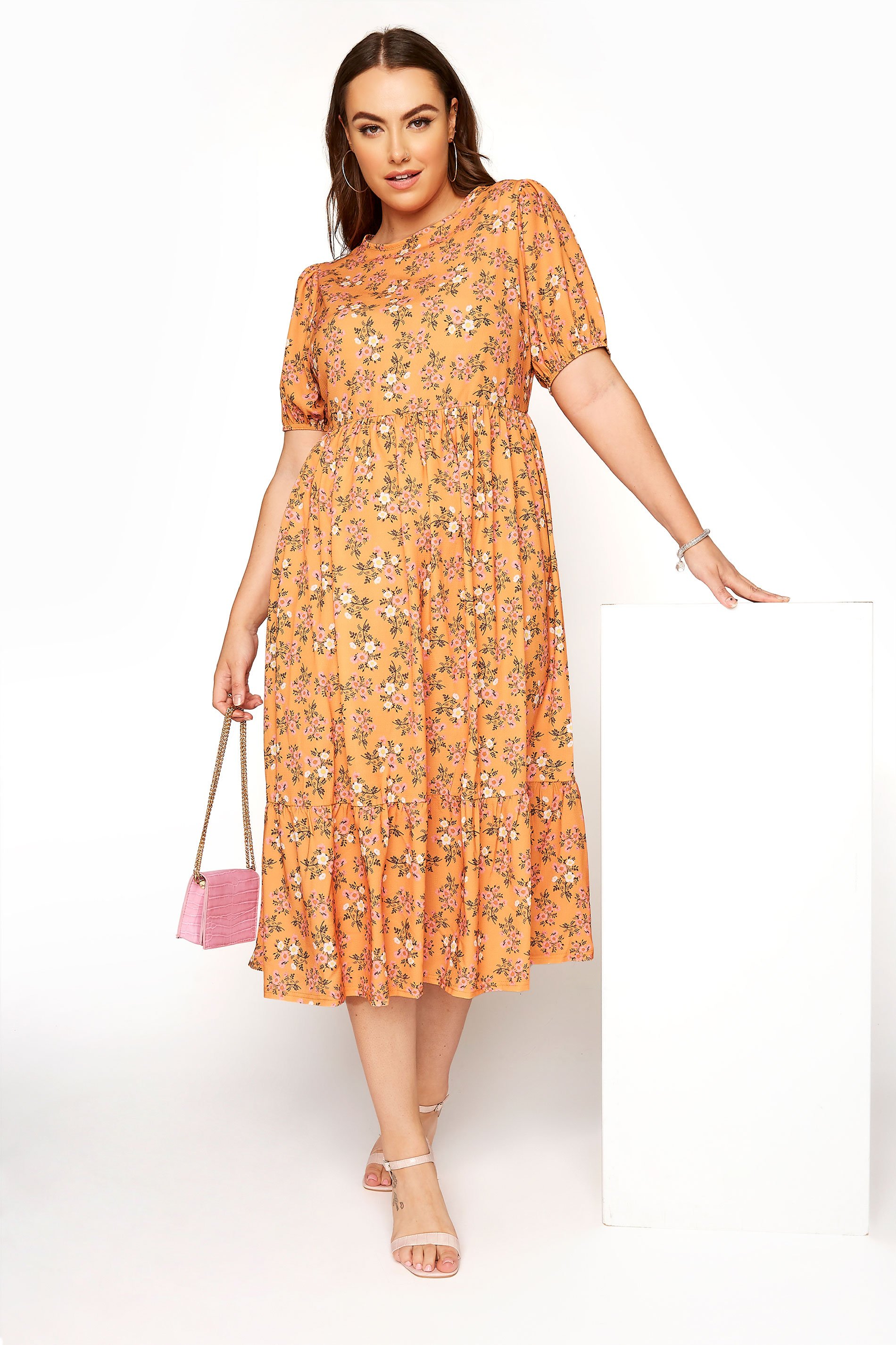 YOURS LONDON Orange Ditsy Floral Smock Dress | Yours Clothing