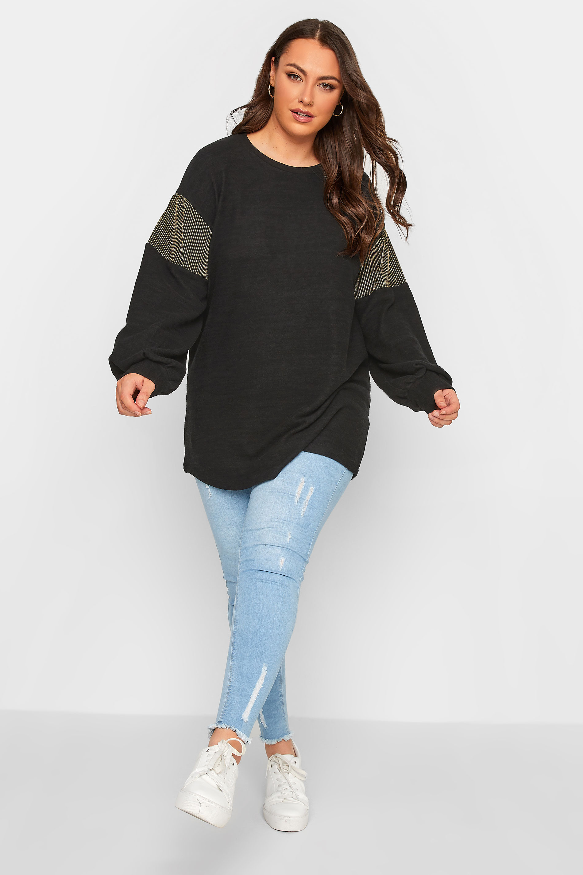 Plus Size Black Glitter Panel Soft Touch Top | Yours Clothing 2