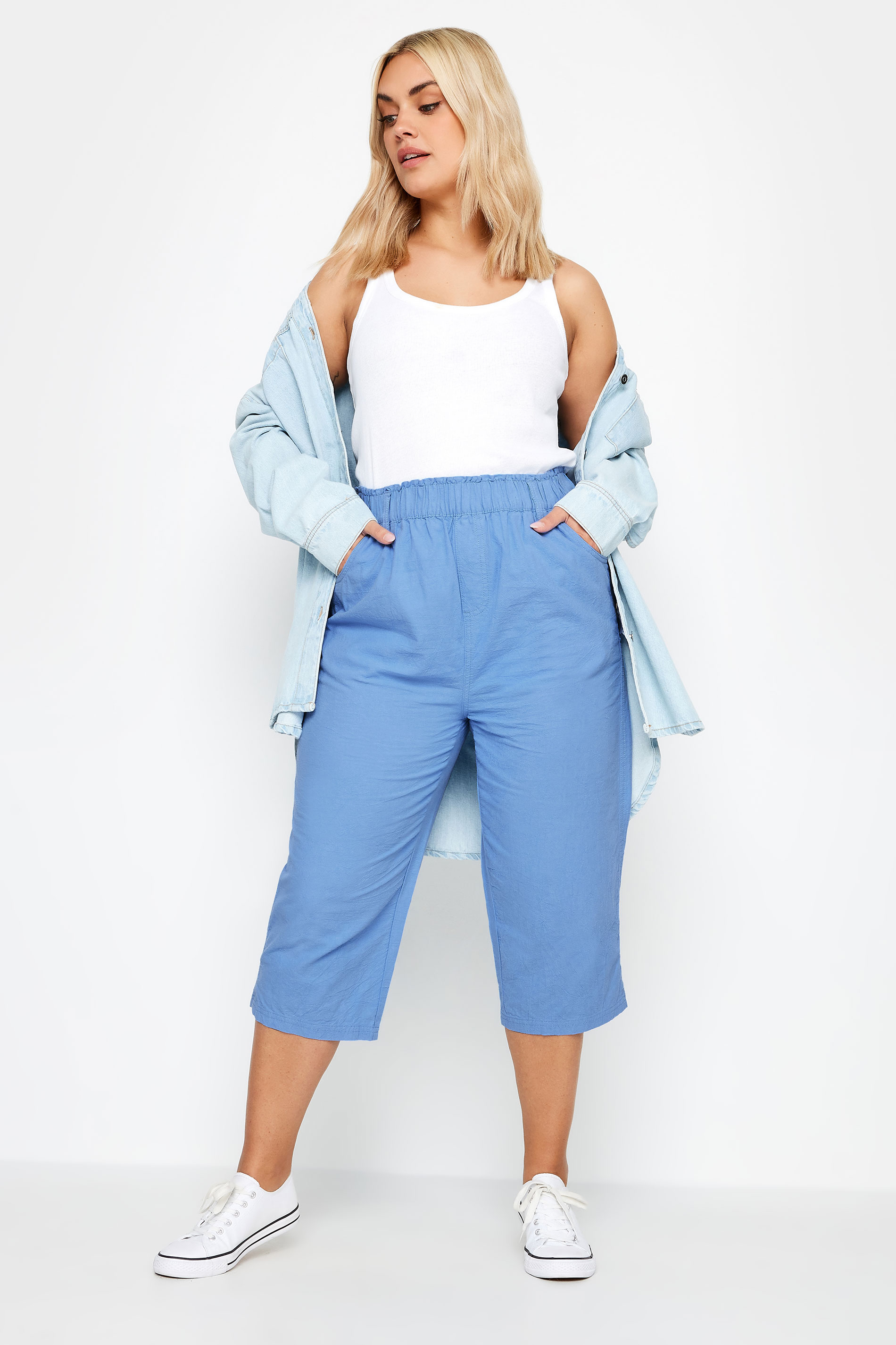 YOURS Plus Size Blue Elasticated Cool Cotton Cropped Trousers | Yours Clothing 2
