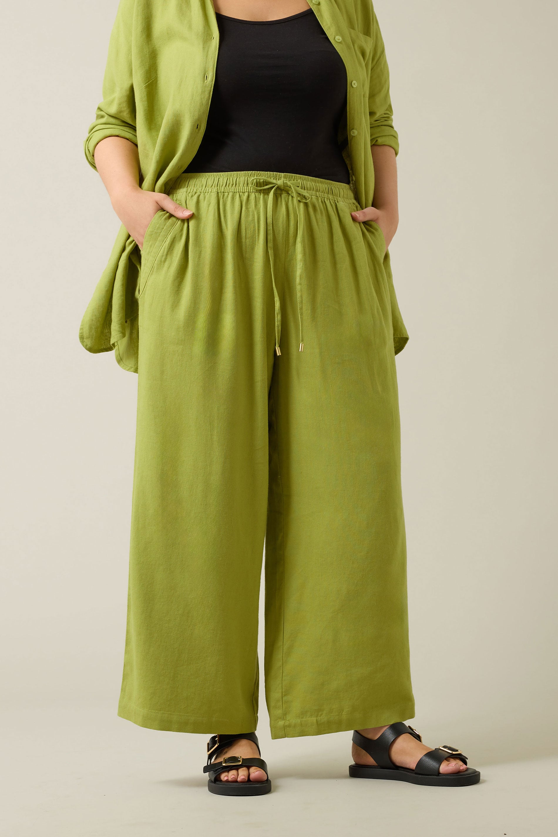 EVANS Plus Size Set Chartreuse Green Linen Shirt & Trouser | Evans 6