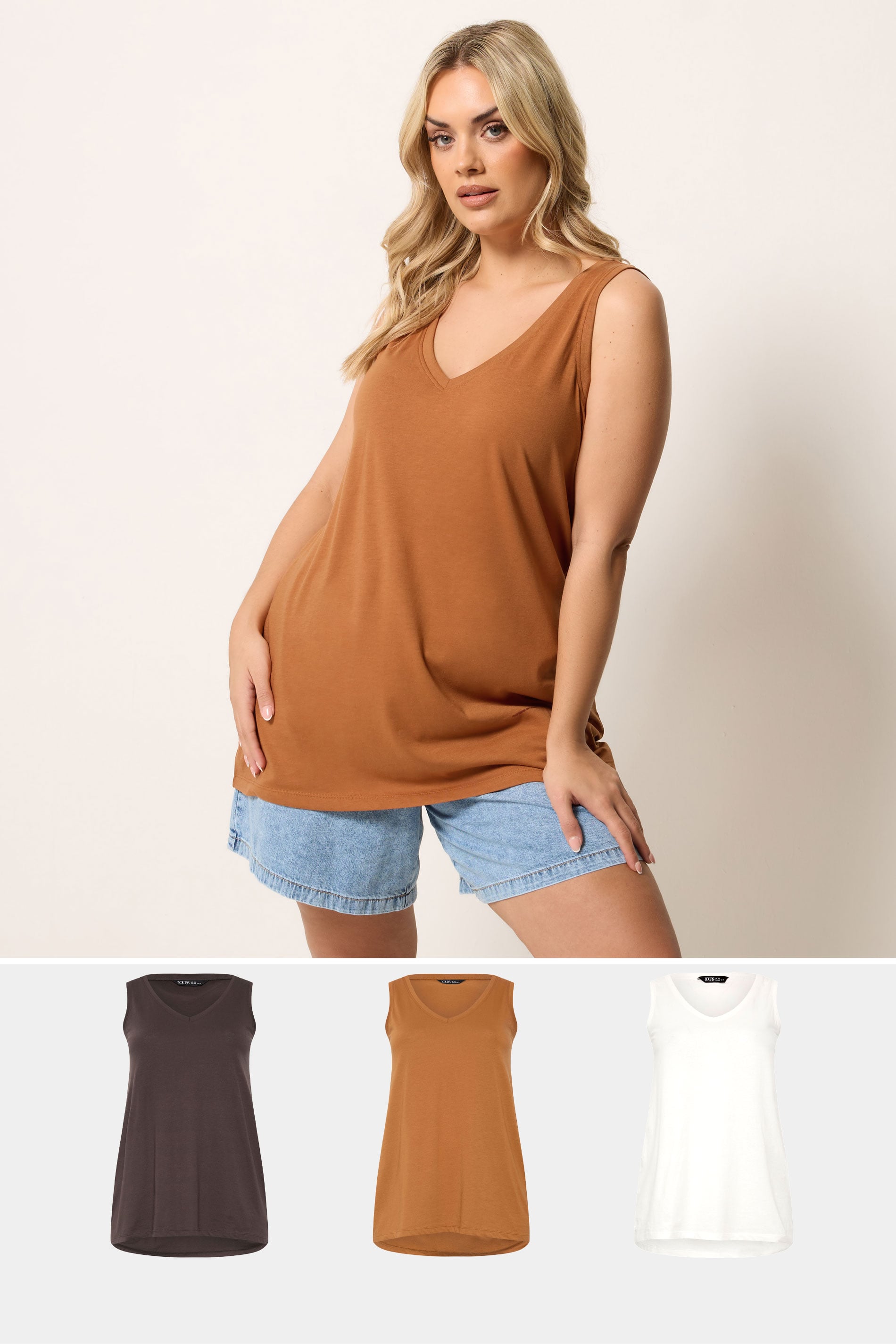 YOURS 3 PACK Plus Size Chocolate Brown & Rust Orange V-Neck Vest Tops | Yours Clothing 1
