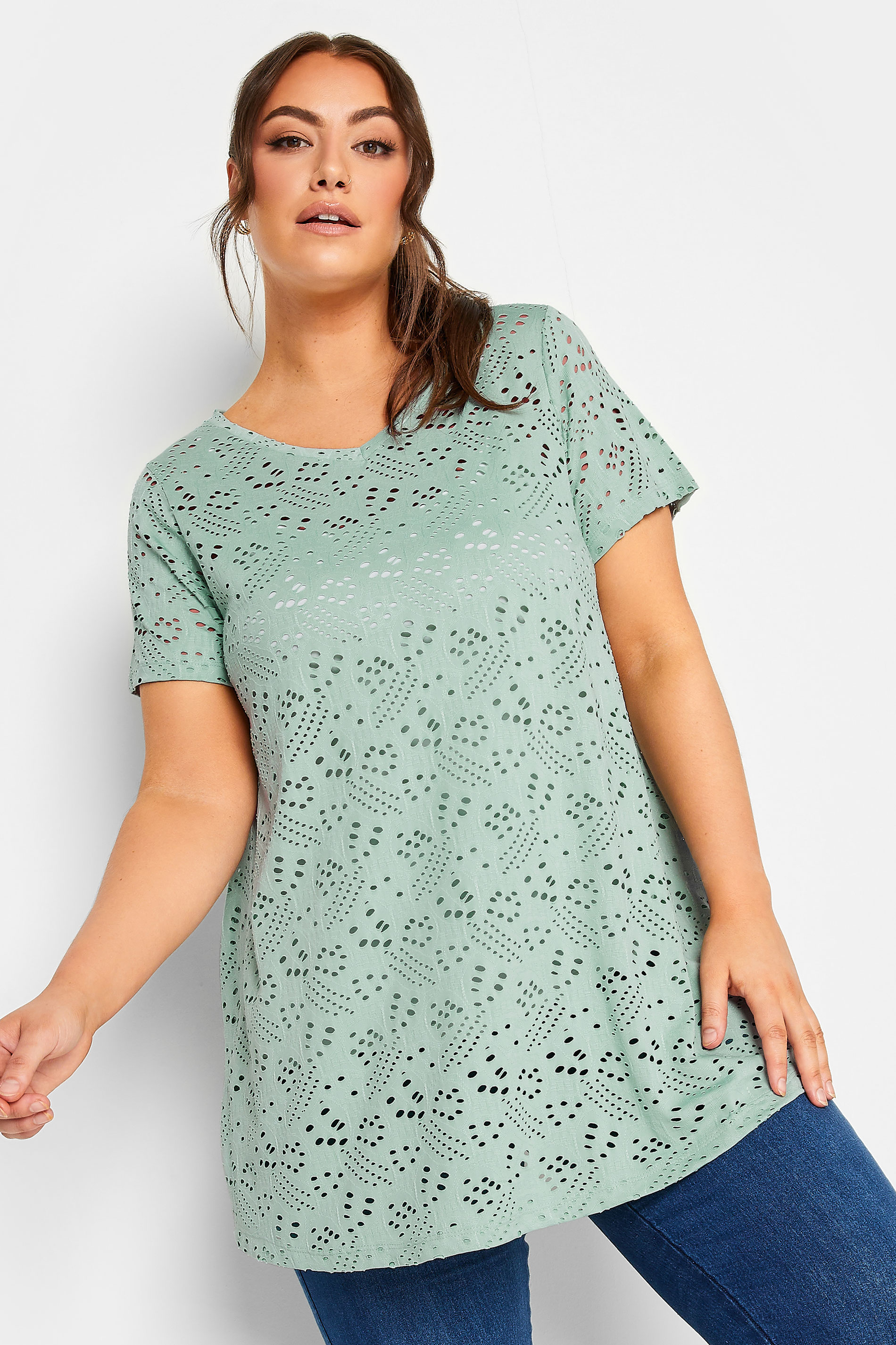 YOURS Plus Size Sage Green Broderie Anglaise Swing T-Shirt | Yours Clothing 1