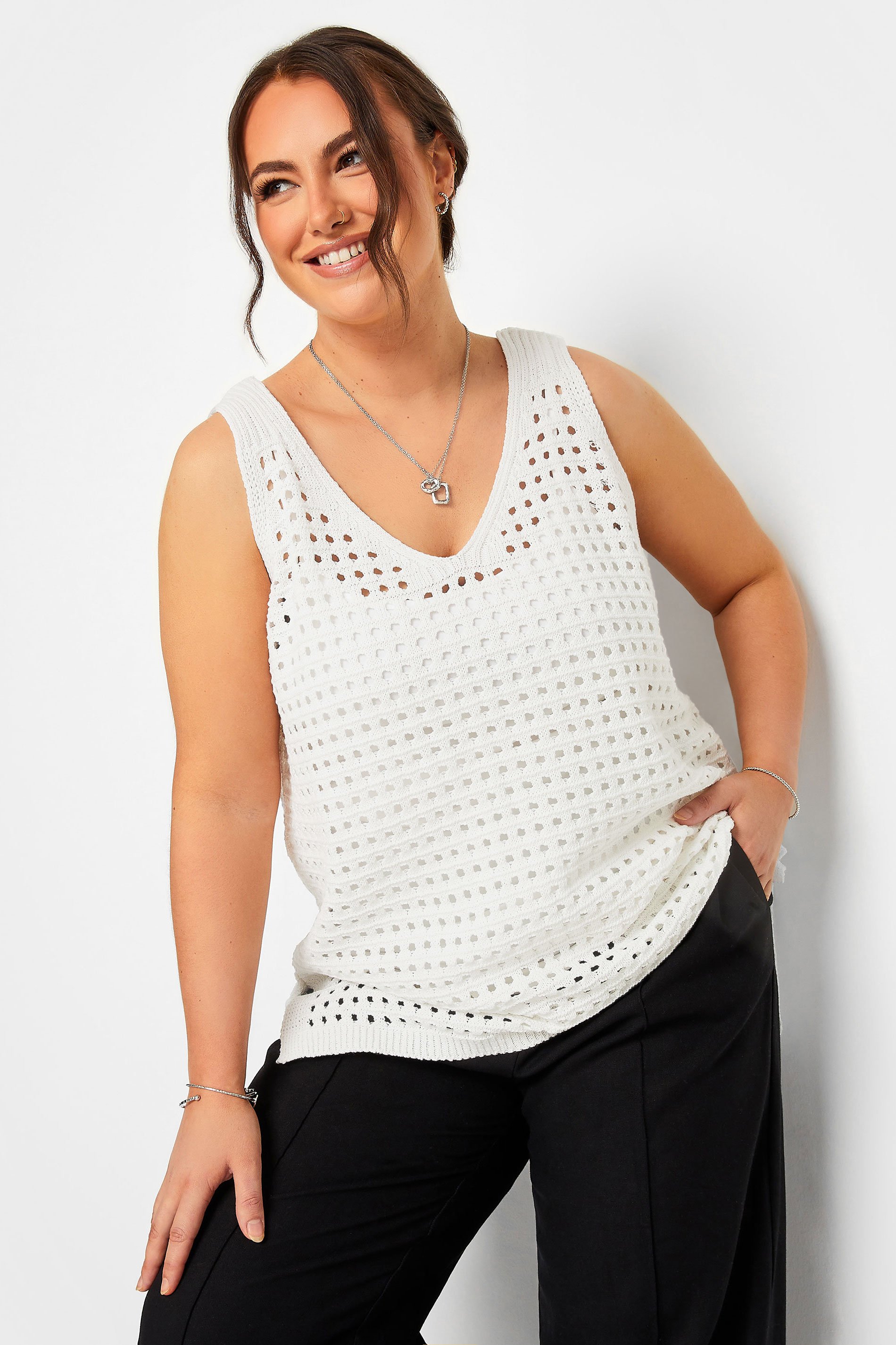 YOURS Plus Size White Crochet Vest Top Yours Clothing