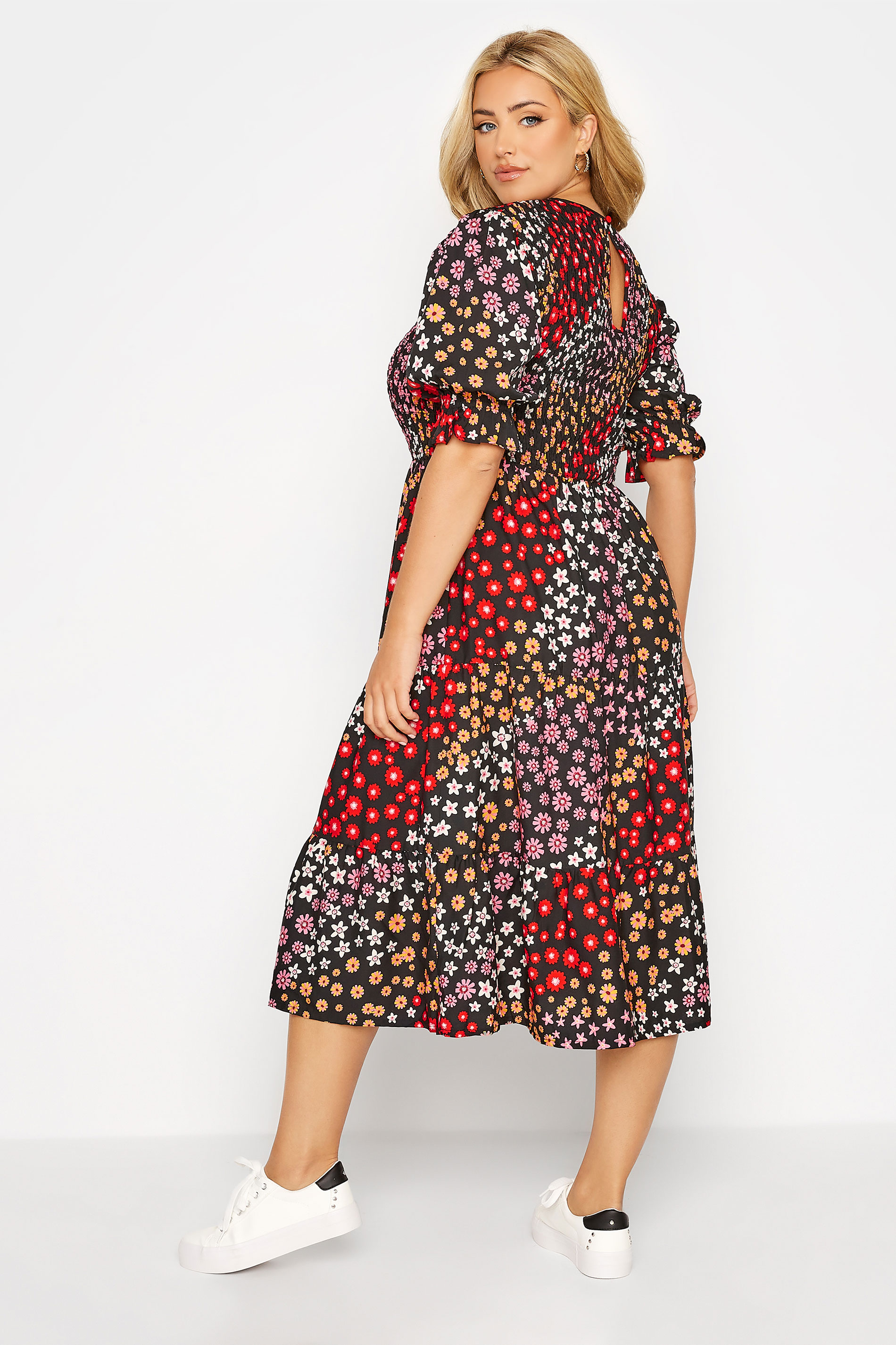 Plus Size Black Ditsy Print Puff Sleeve Smock Dress | Yours Clothing  3