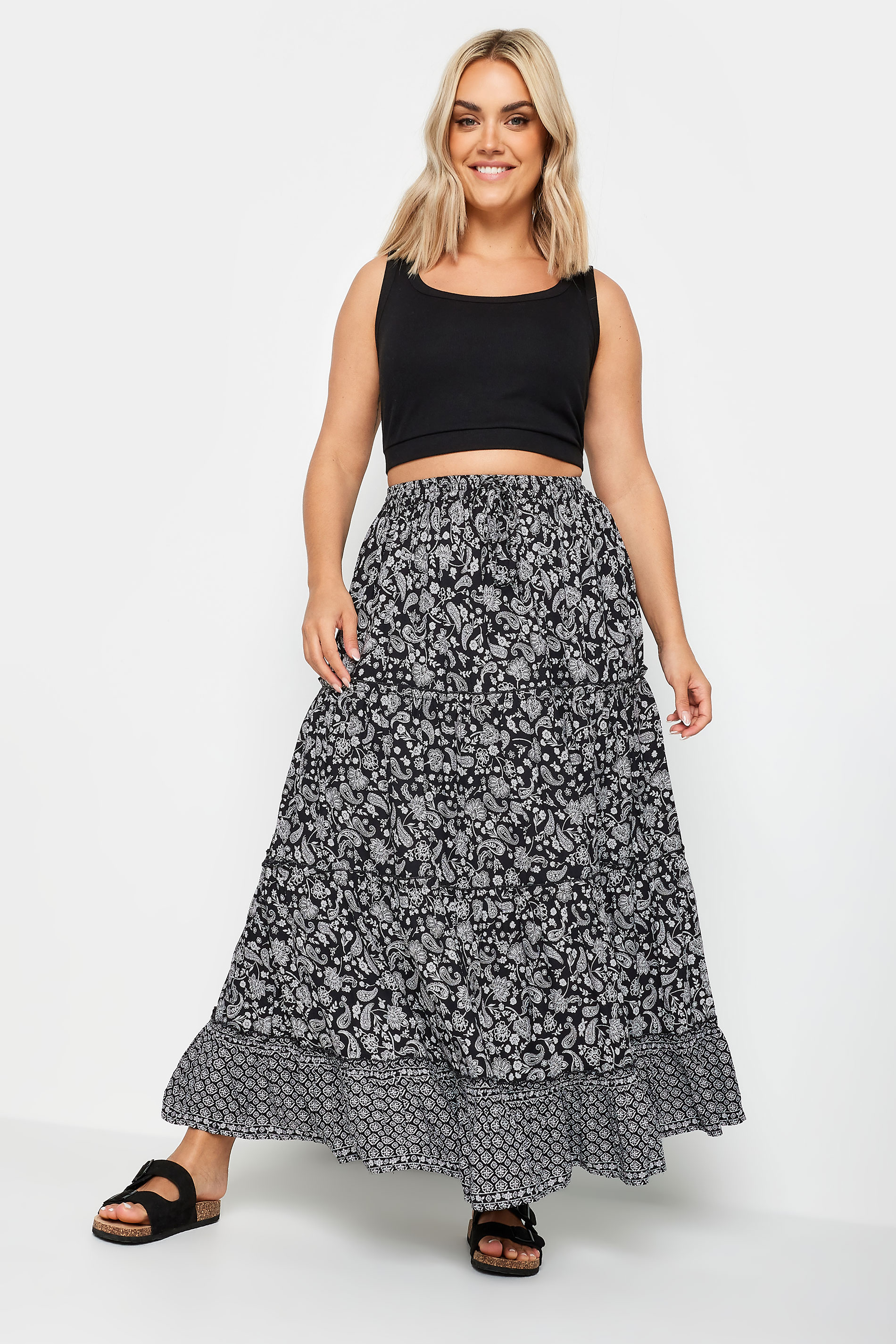 YOURS Plus Size Black Floral Print Tiered Maxi Skirt | Yours Clothing 3