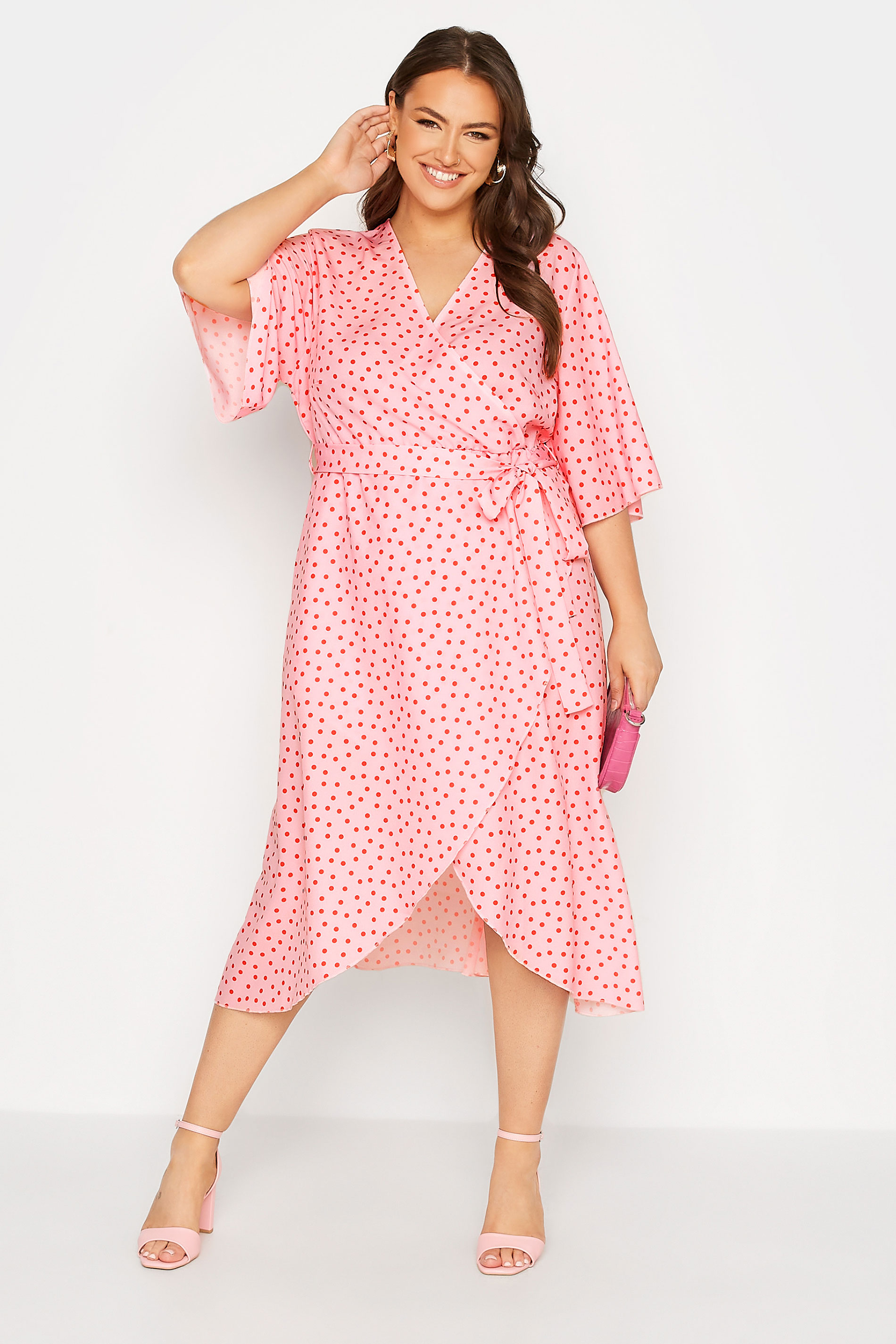 Robes Grande Taille Grande taille  Robes Portefeuilles | YOURS LONDON - Robe Rose à Pois Rouge Style Portefeuille - TP22456