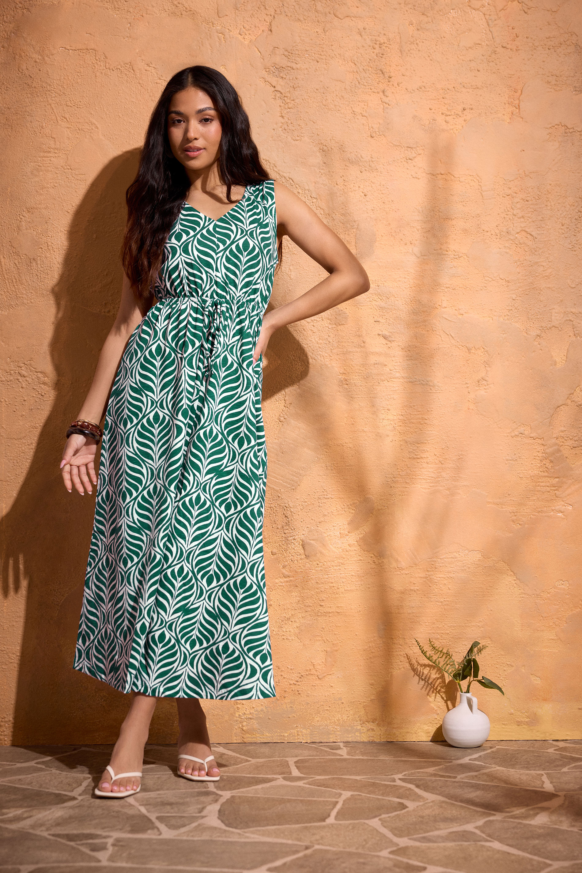 M&Co Petite Green Leaf Print Cotton Maxi Dress | M&Co 3