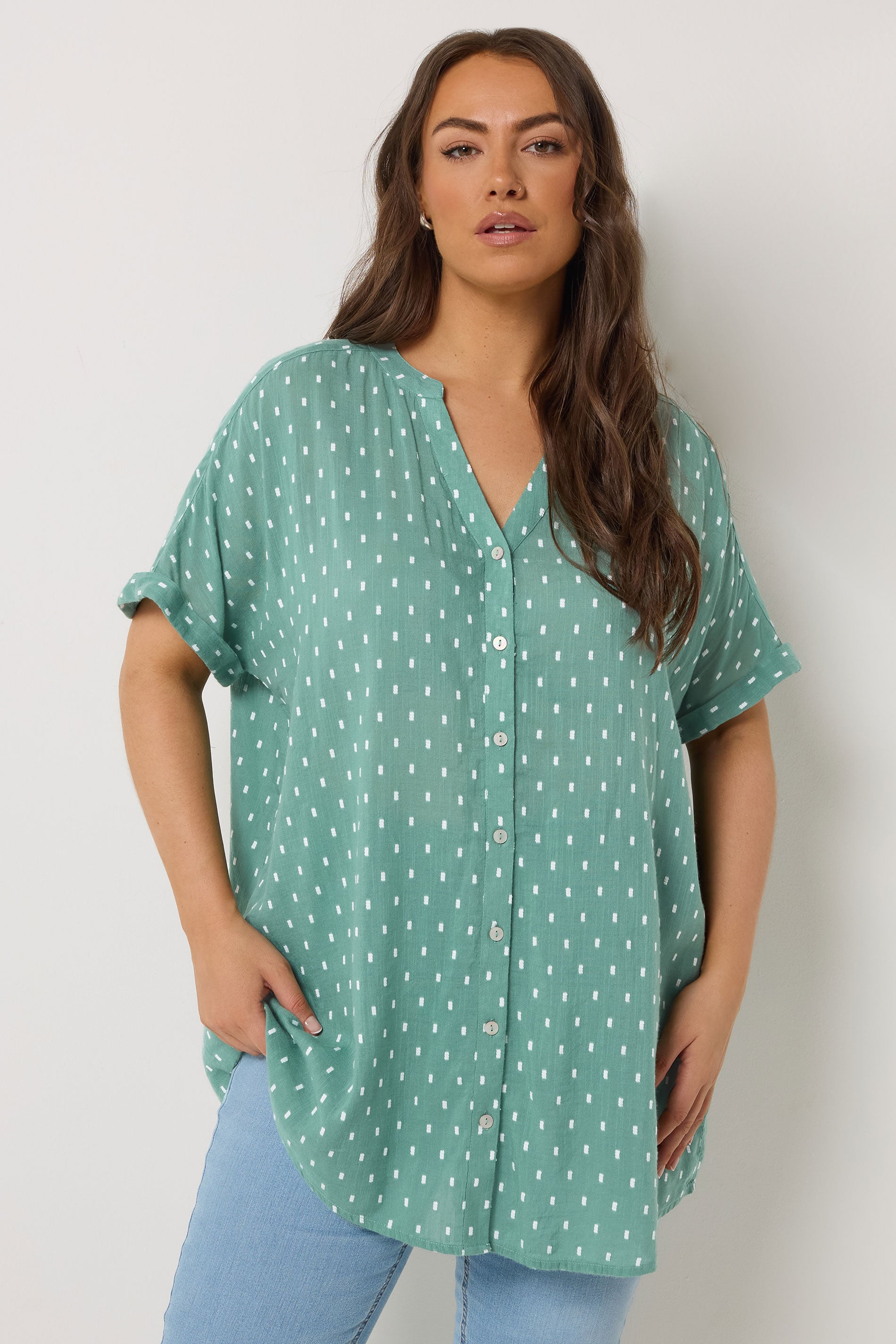 YOURS Plus Size Sage Green Dobby Notch Neck Blouse | Yours Clothing 3