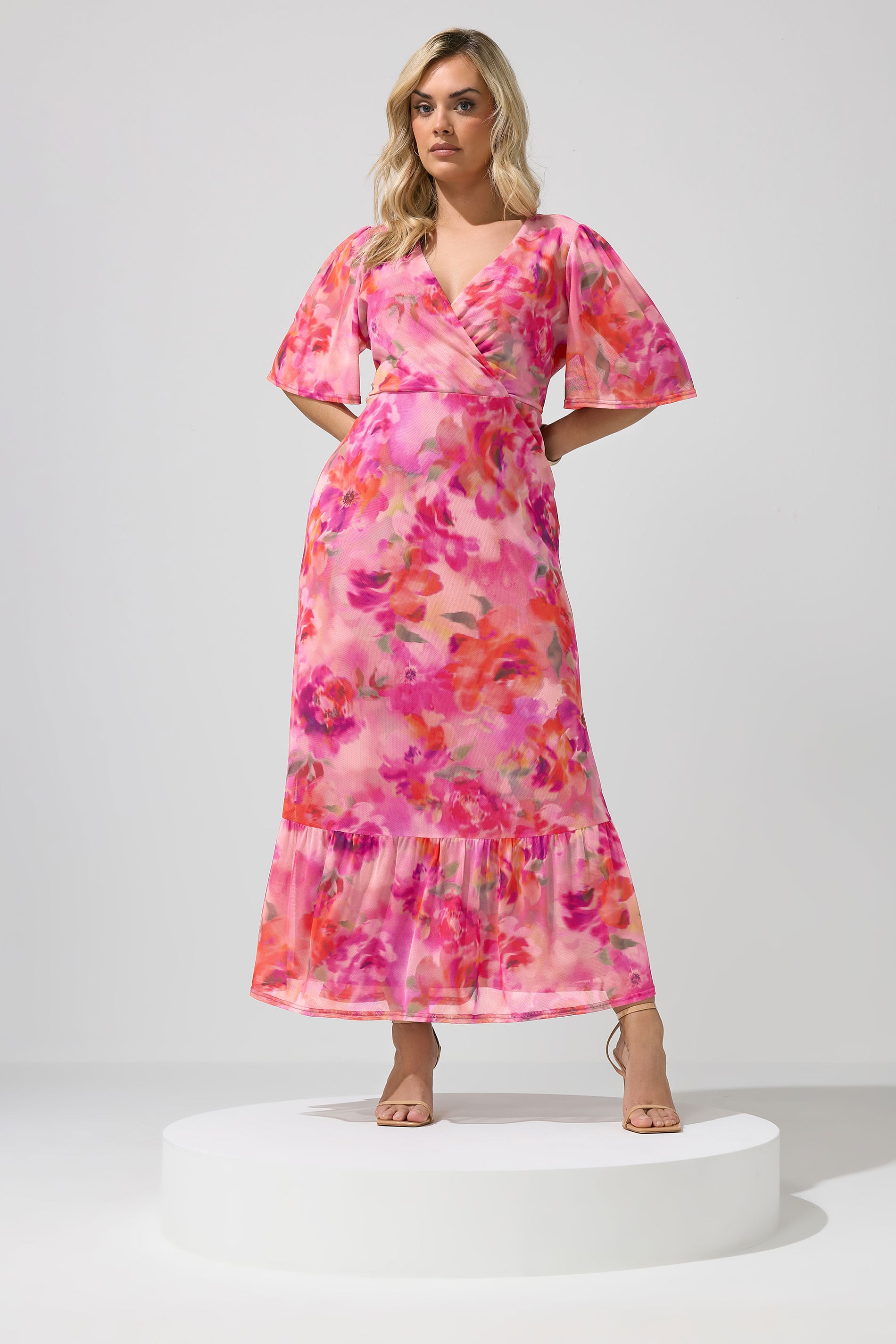 YOURS LONDON Plus Size Pink Floral Wrap Ruffle Hem Dress | Yours Clothing 1