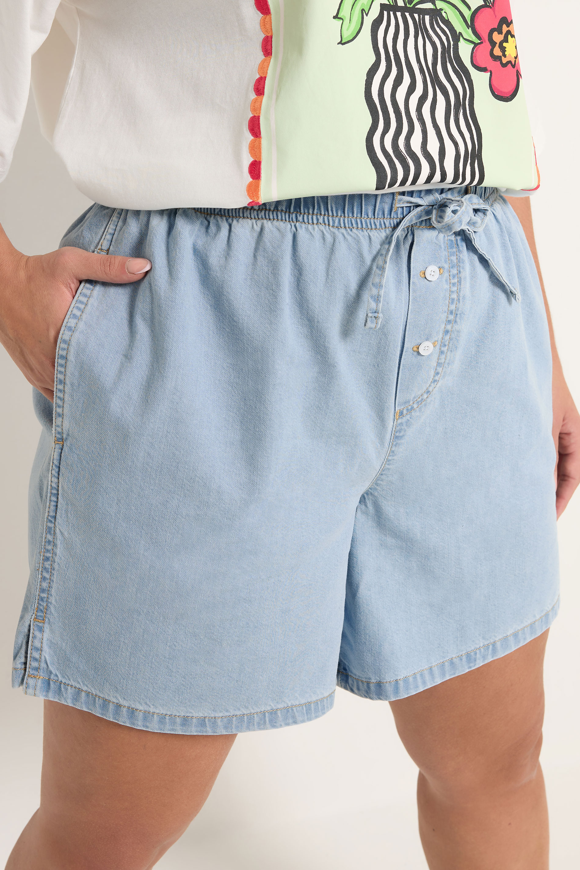 YOURS Plus Size Blue Tie Waist Denim Shorts | Yours Clothing 4