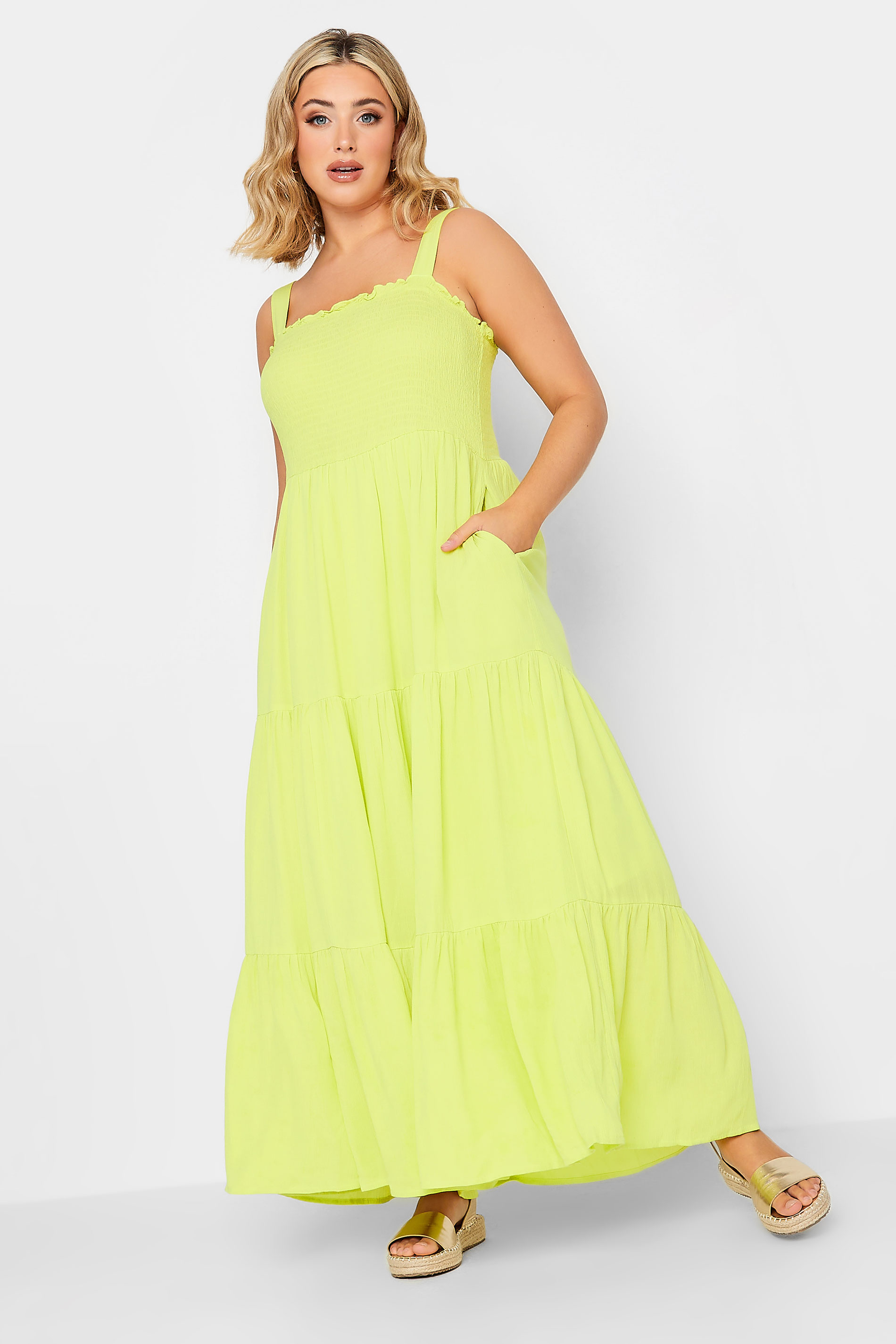 YOURS Plus Size Lime Green Shirred Strappy Sundress | Yours Clothing  3
