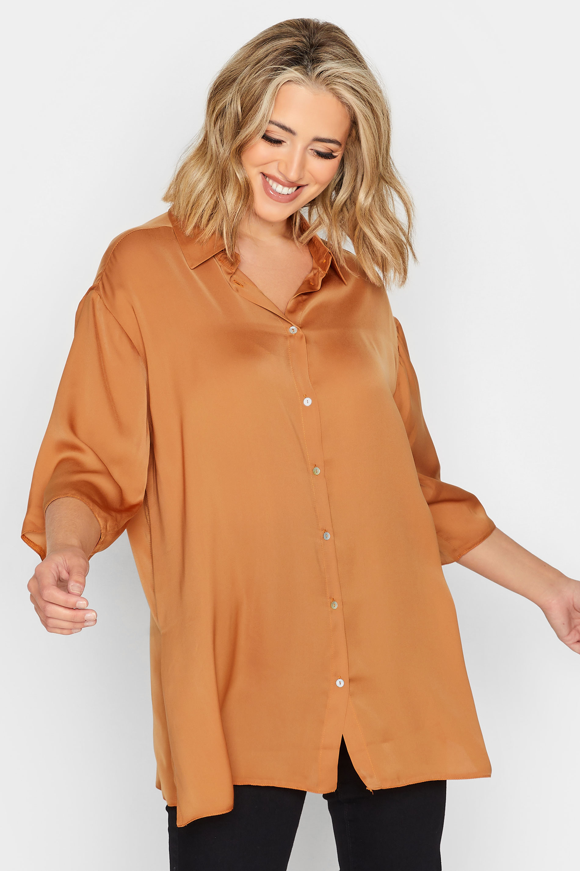 YOURS Plus Size Orange Satin Shirt | Yours Clothing 1