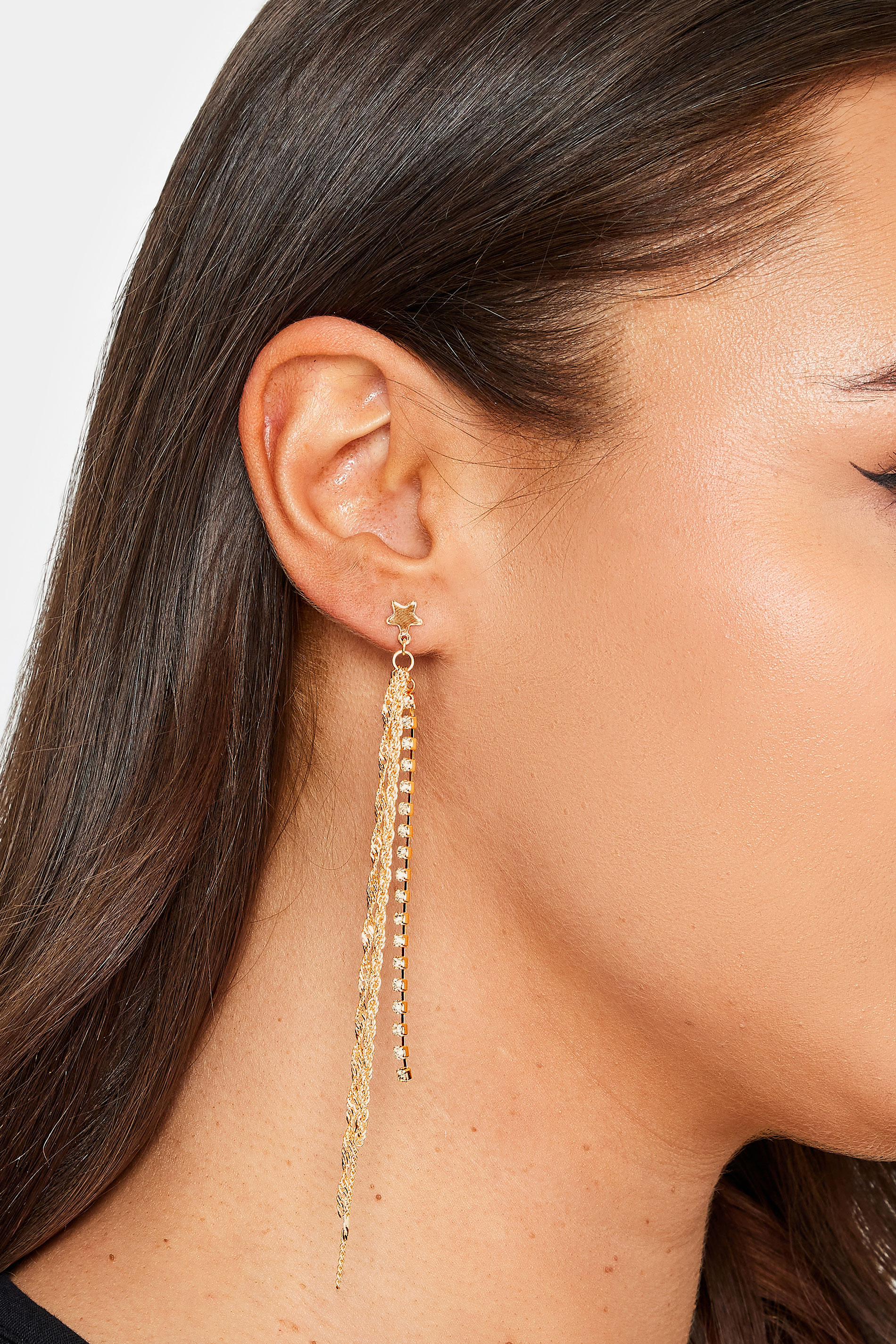 Gold Tone Star Diamante Chain Earrings 1