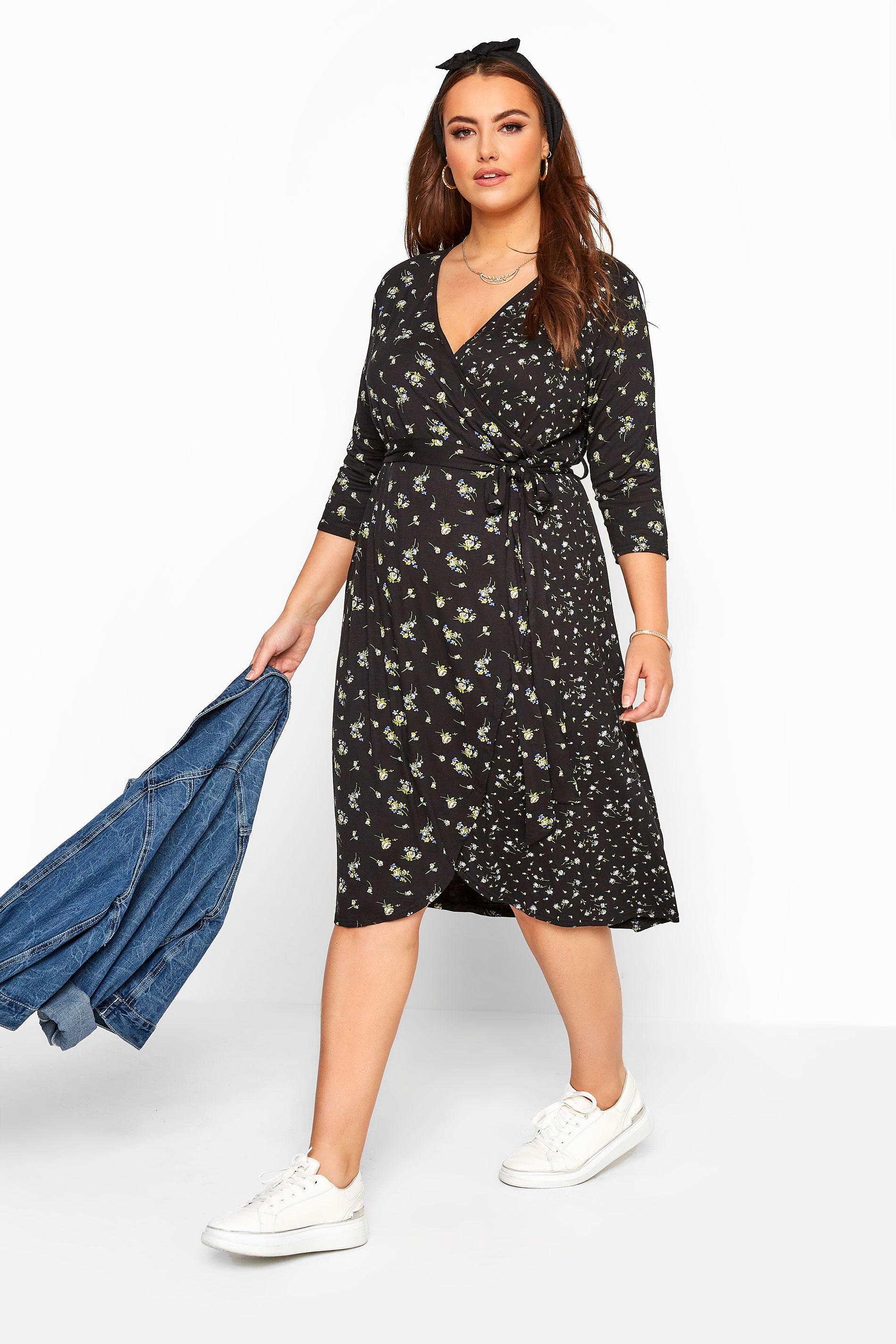 Black Mixed Floral Wrap Dress | Yours Clothing