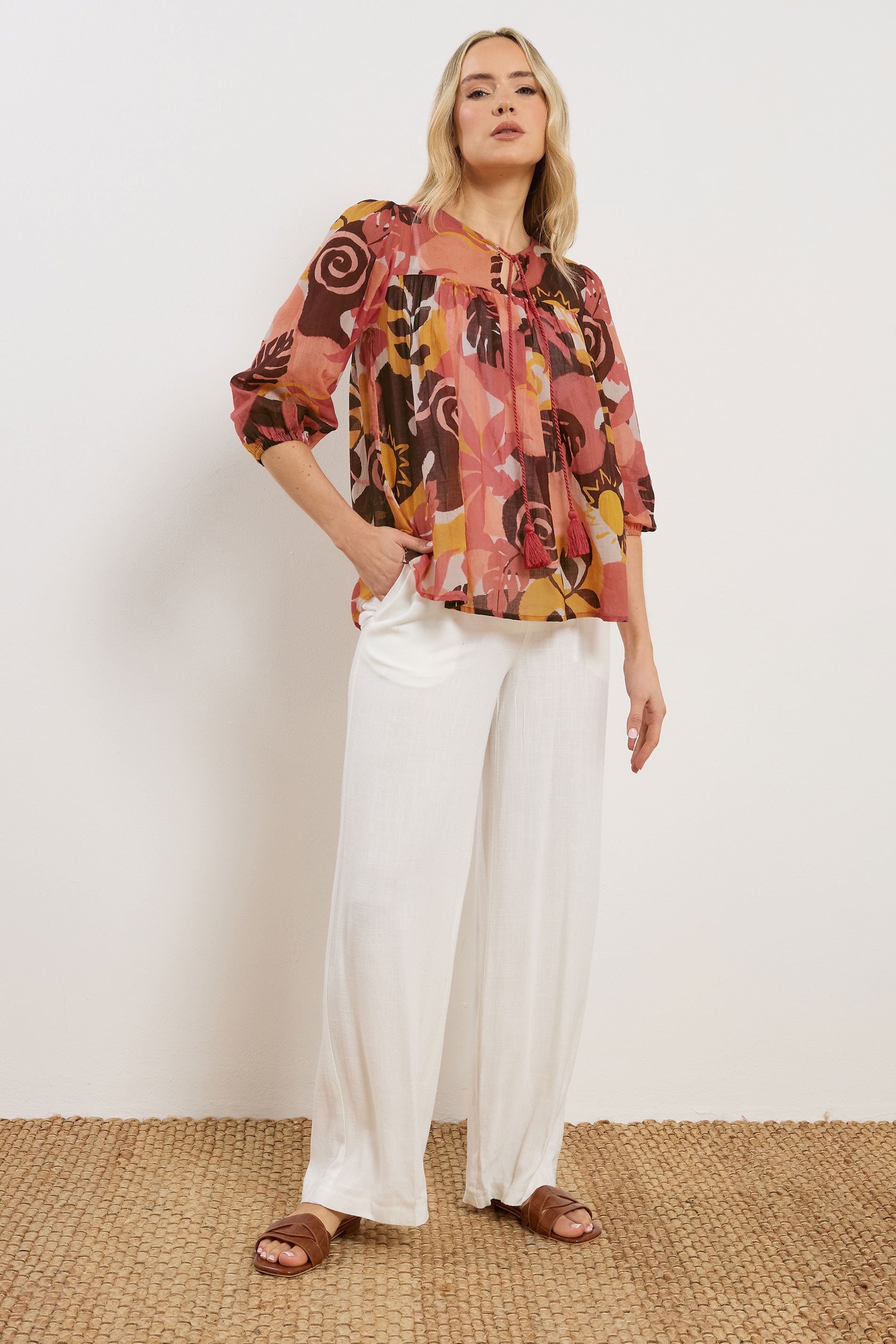 LTS Tall Women's Rust Orange Abstract Tie Neck Cotton Blouse | Long Tall Sally 1