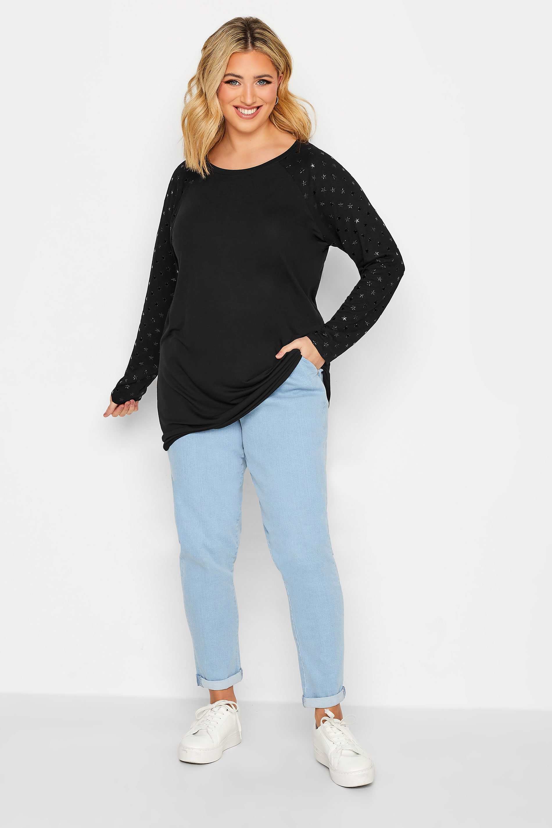 Plus Size Black Long Sleeve Star Print Top | Yours Clothing 2