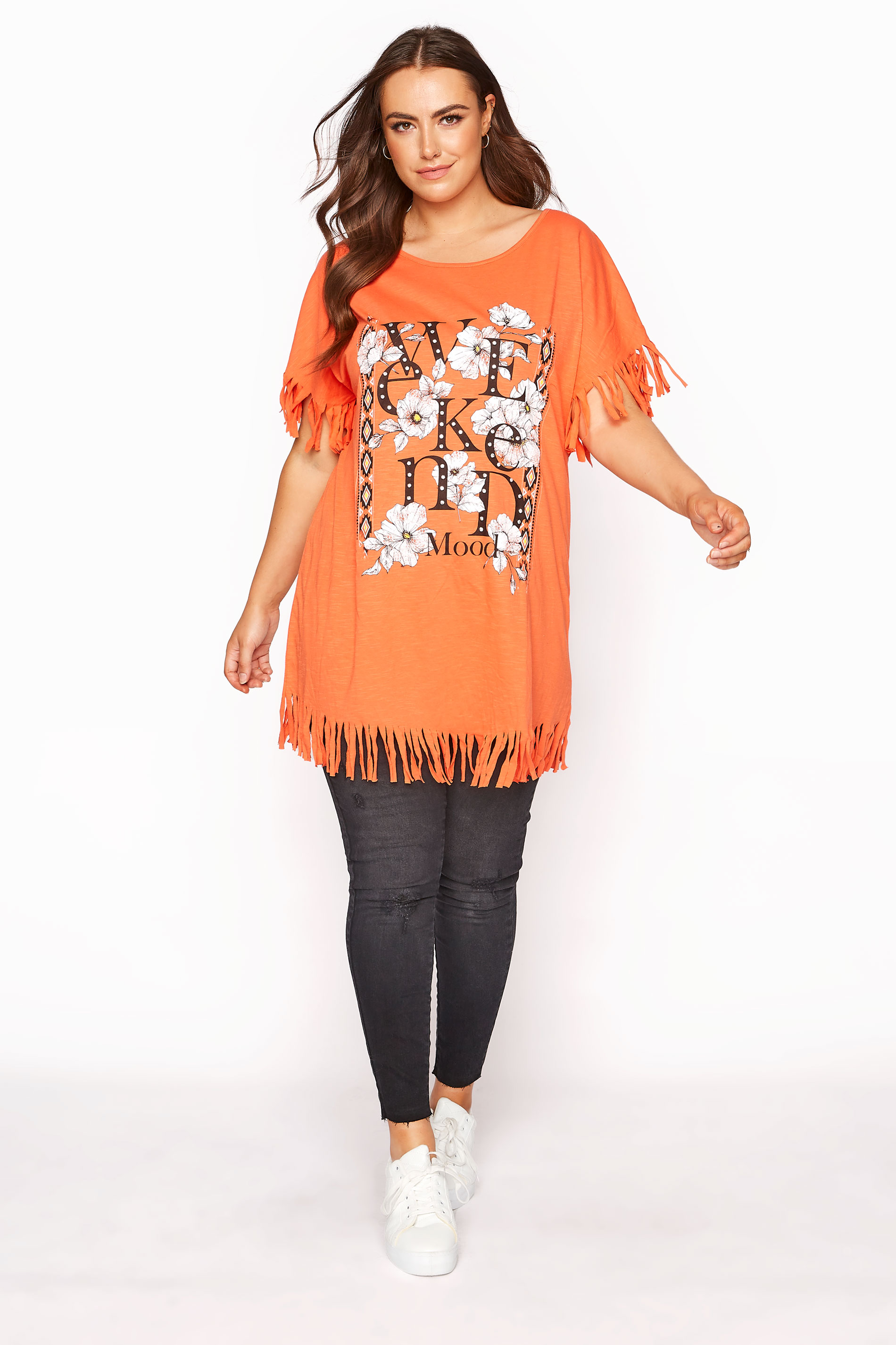 Grande taille  Tops Grande taille  Tops à Slogans | T-Shirt Orange à Franges Slogan 'Weekend Mood' - KR47482