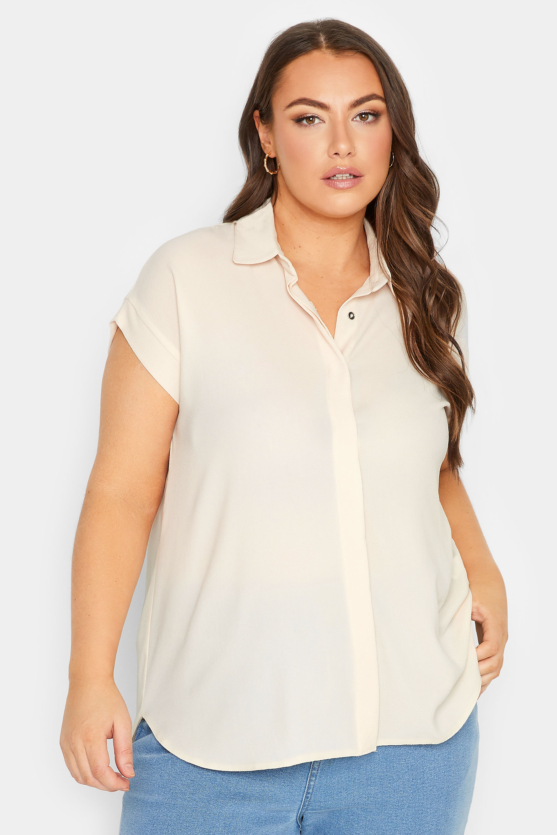 YOURS Curve Plus Size Cream Collared Shirt | Yours Clothing  1