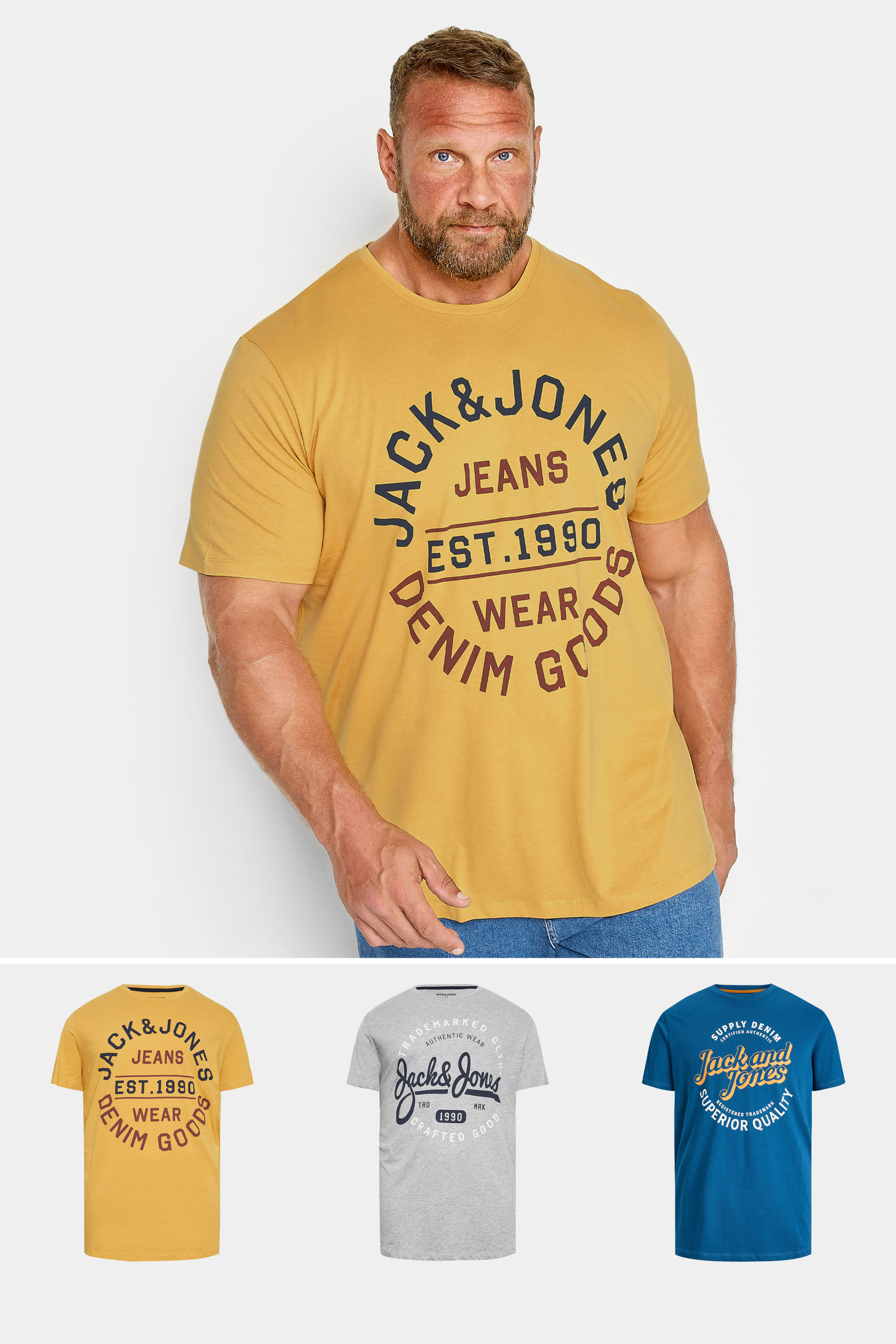 JACK & JONES Big & Tall 3 PACK Yellow & Blue Logo T-Shirts | BadRhino 1