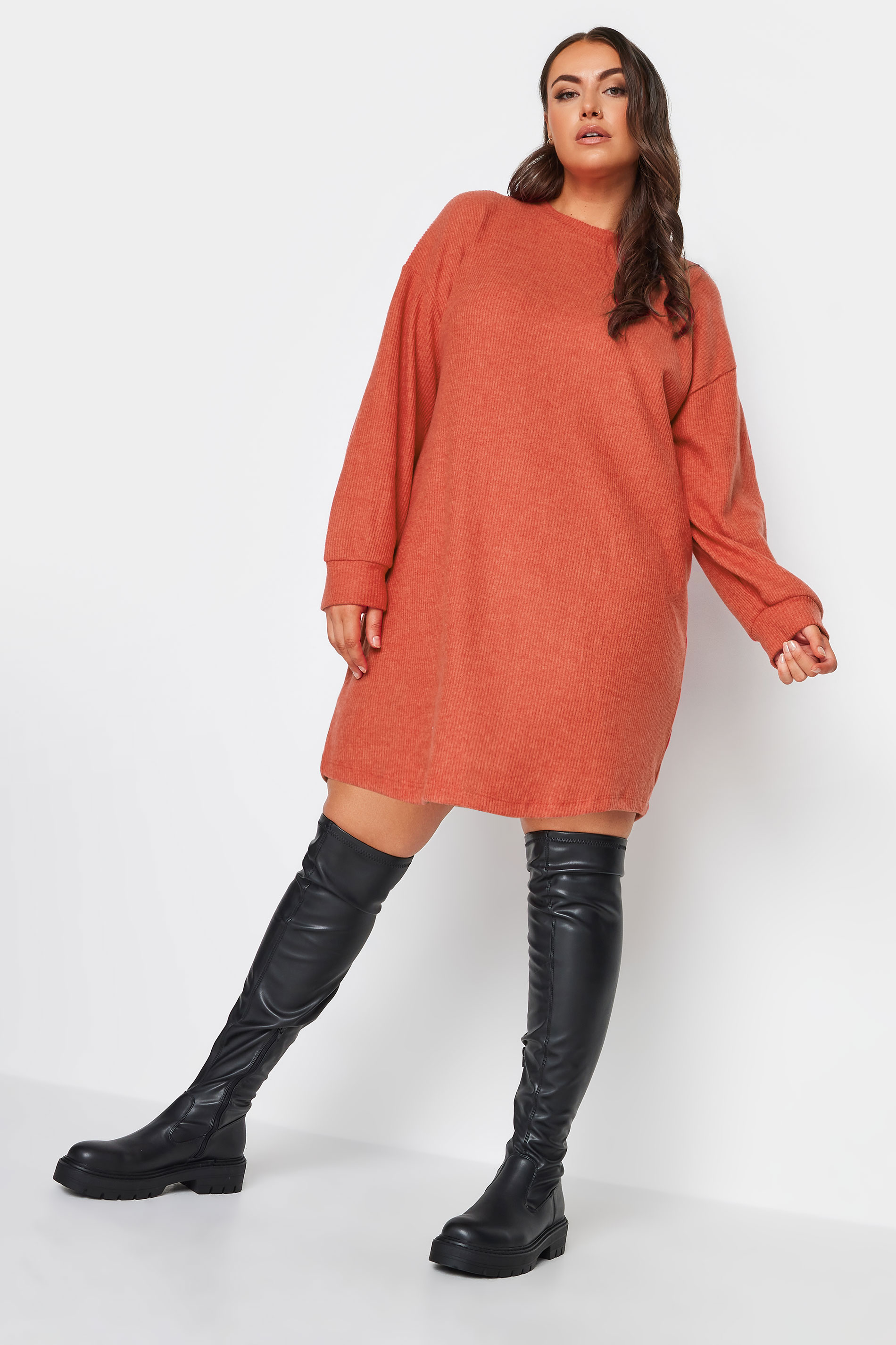 YOURS Curve Orange Soft Touch Ribbed Jumper Dress | Yours Clothing 1