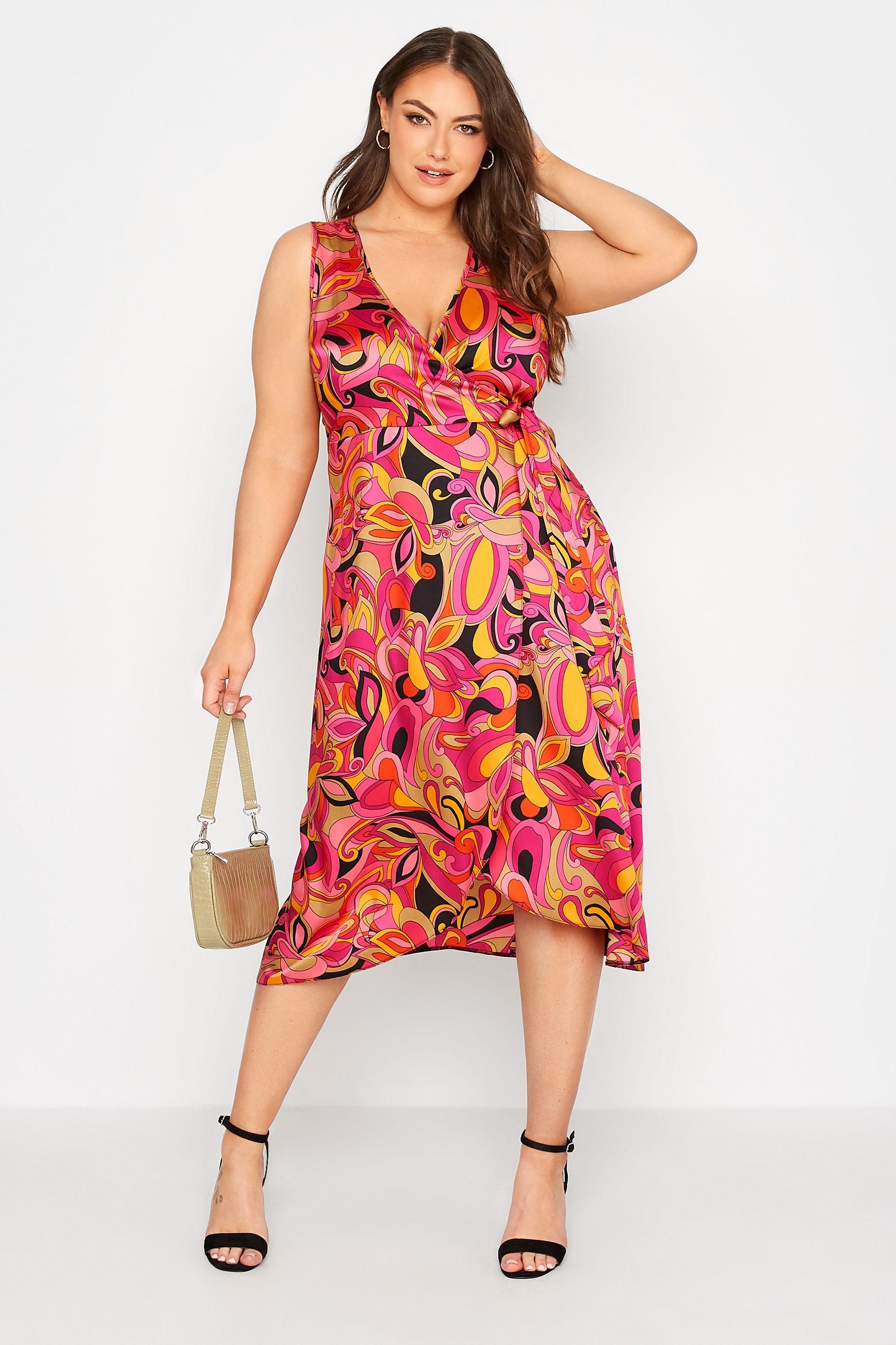 YOURS LONDON Plus Size Hot Pink Abstract Print Satin Wrap Dress | Yours Clothing 1