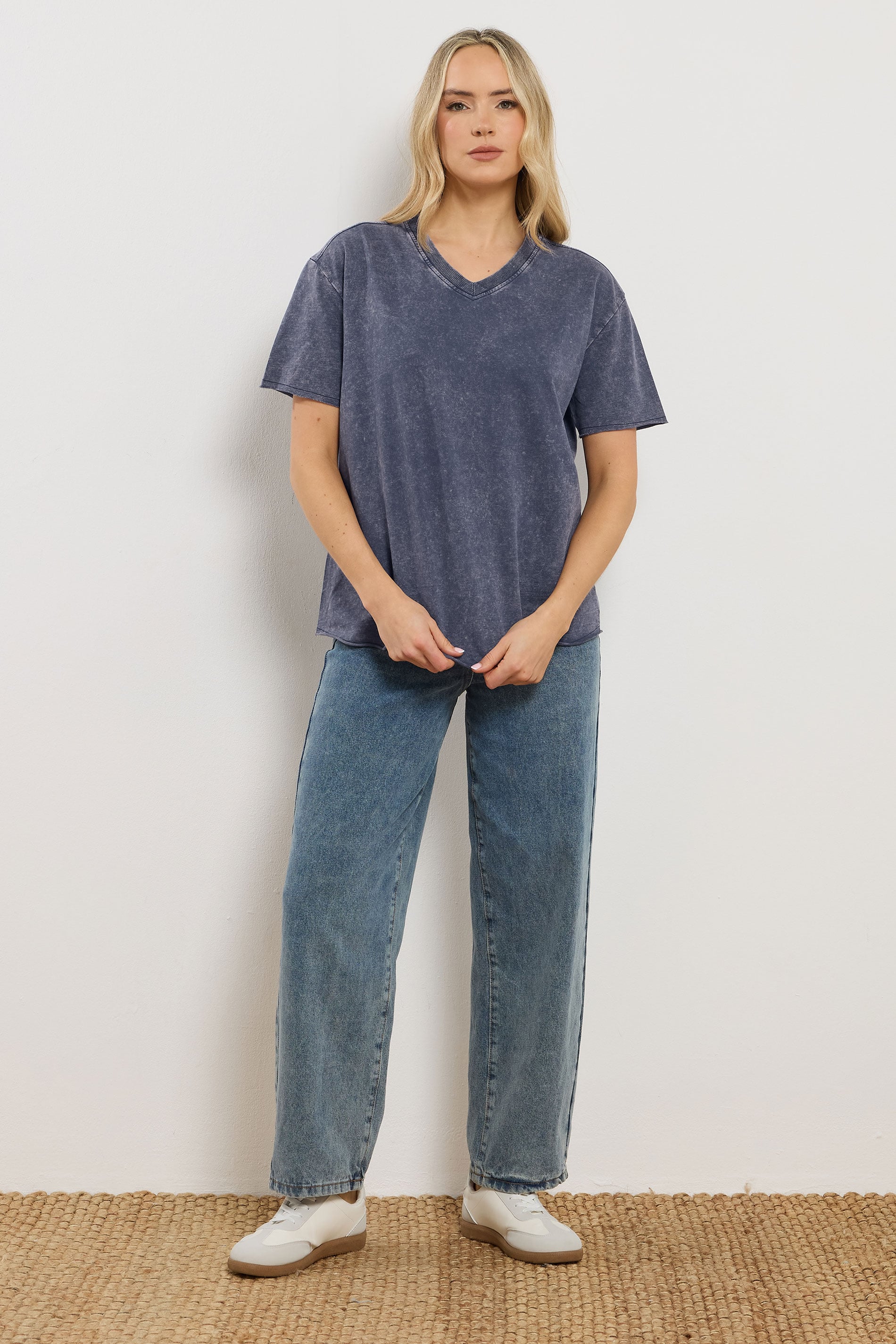 LTS Tall Woman's Navy Blue Acid Wash Oversized T-Shirt | Long Tall Sally 1