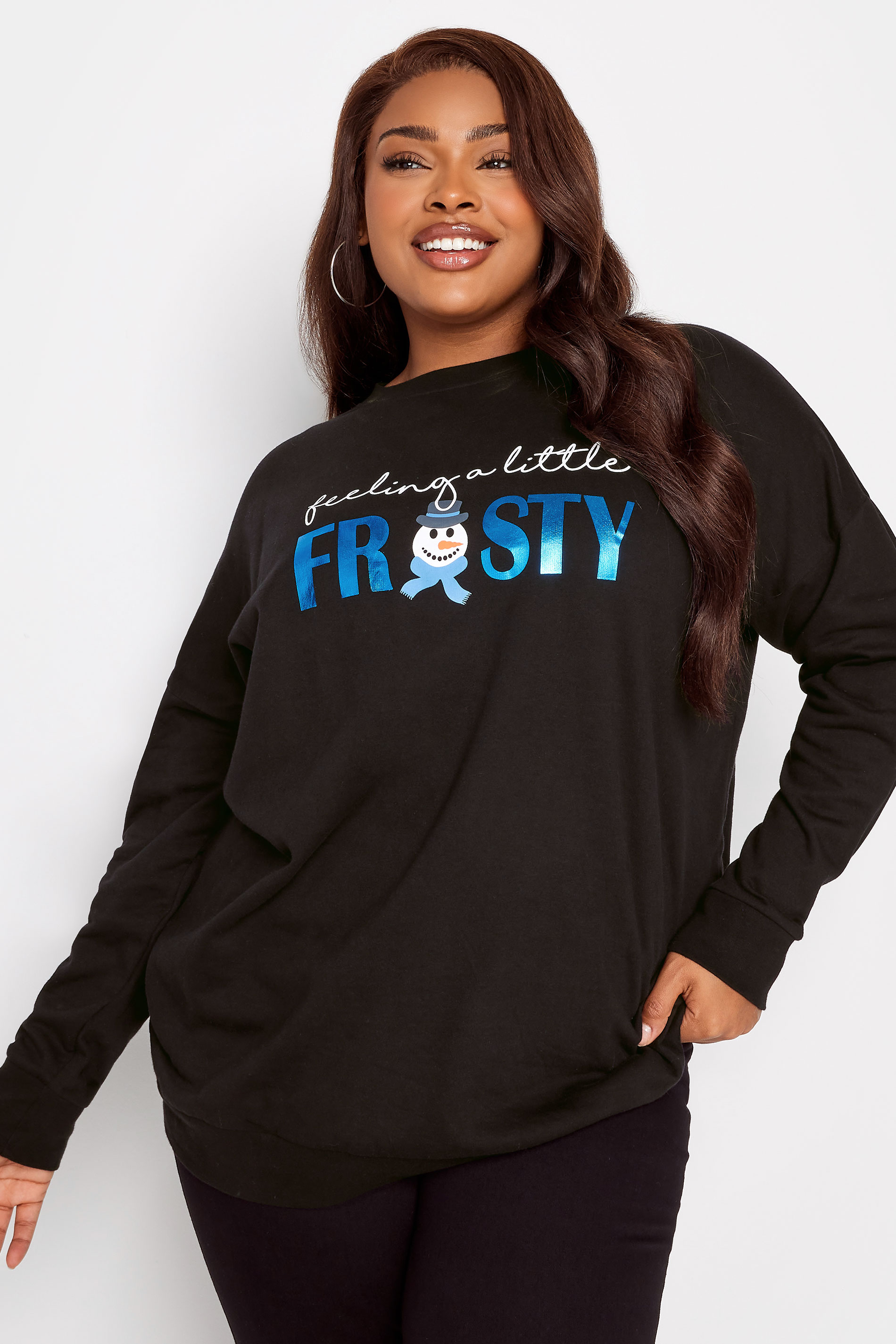 LIMITED COLLECTION Plus Size Black 'Feeling A Little Frosty' Slogan Christmas Top | Yours Clothing 1