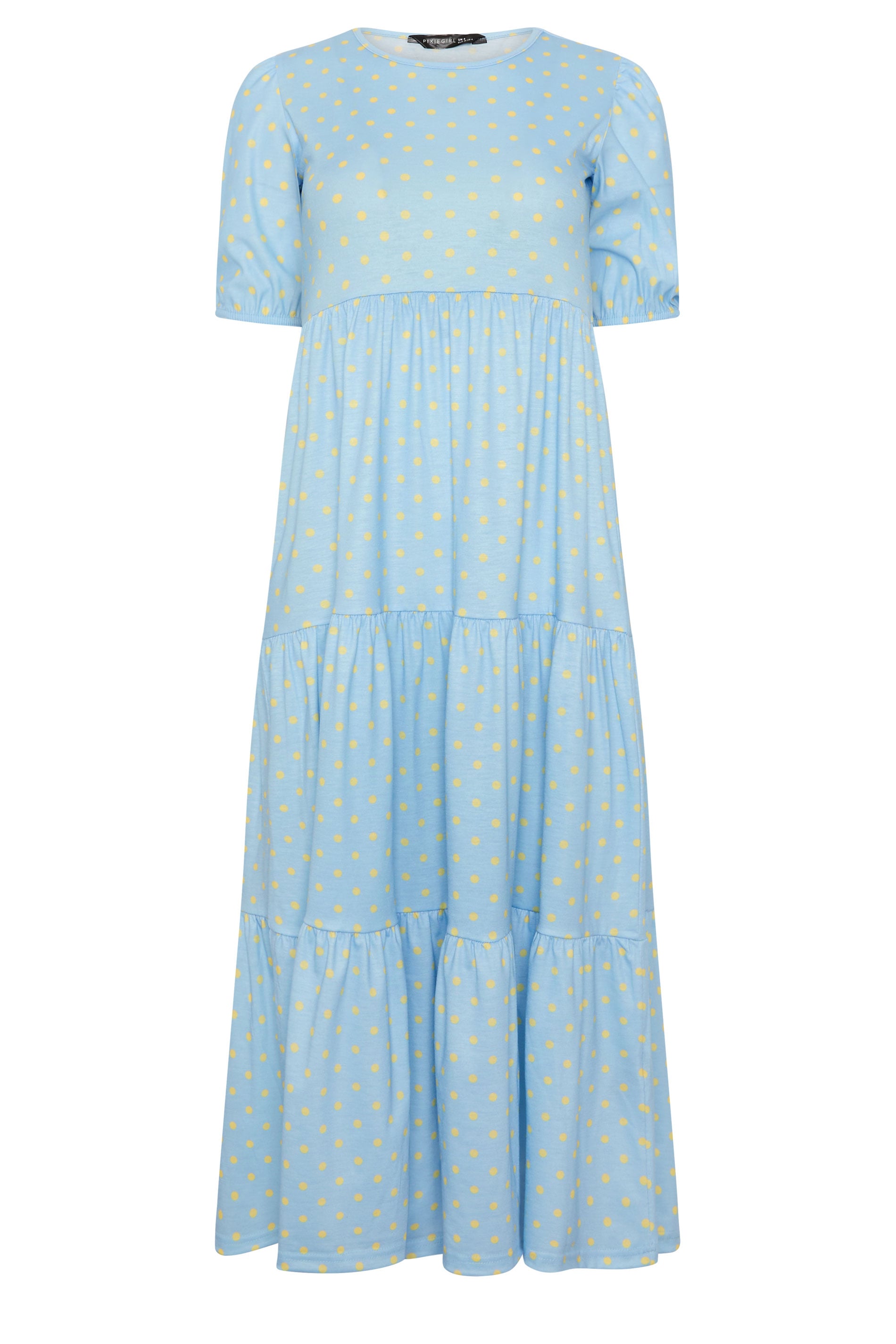 PixieGirl Petite Women's Light Blue Polka Dot Tiered Maxi Dress | PixieGirl 5