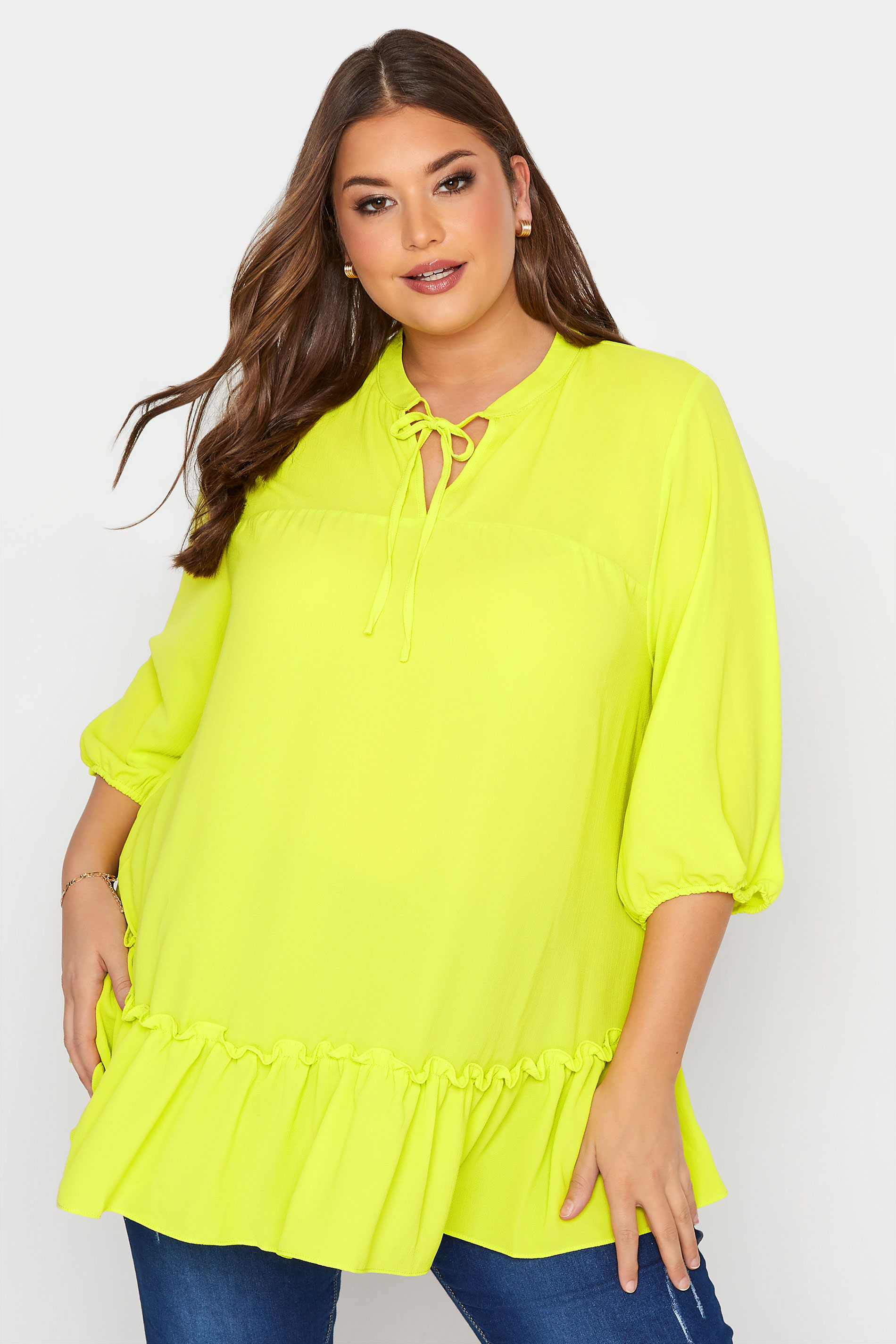 Plus Size Lime Green Tie Neck Ruffle Hem Tunic Top | Yours Clothing 1